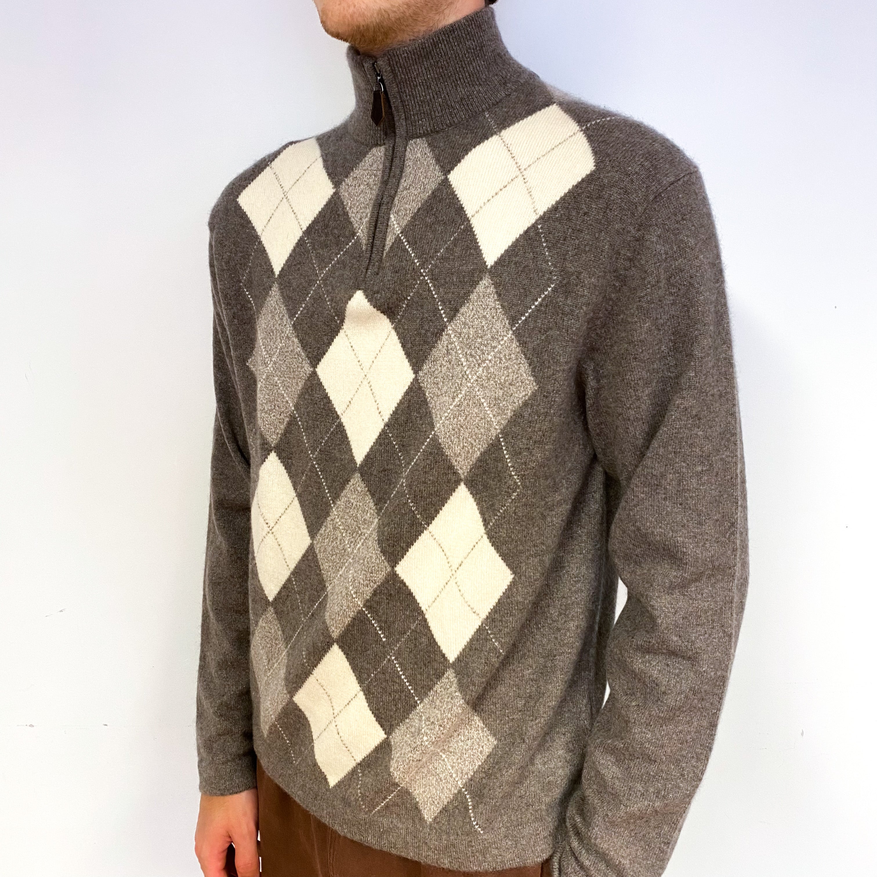 Men's Mocha Brown Cream Diamond Cashmere 1/4 Zip Jumper Large