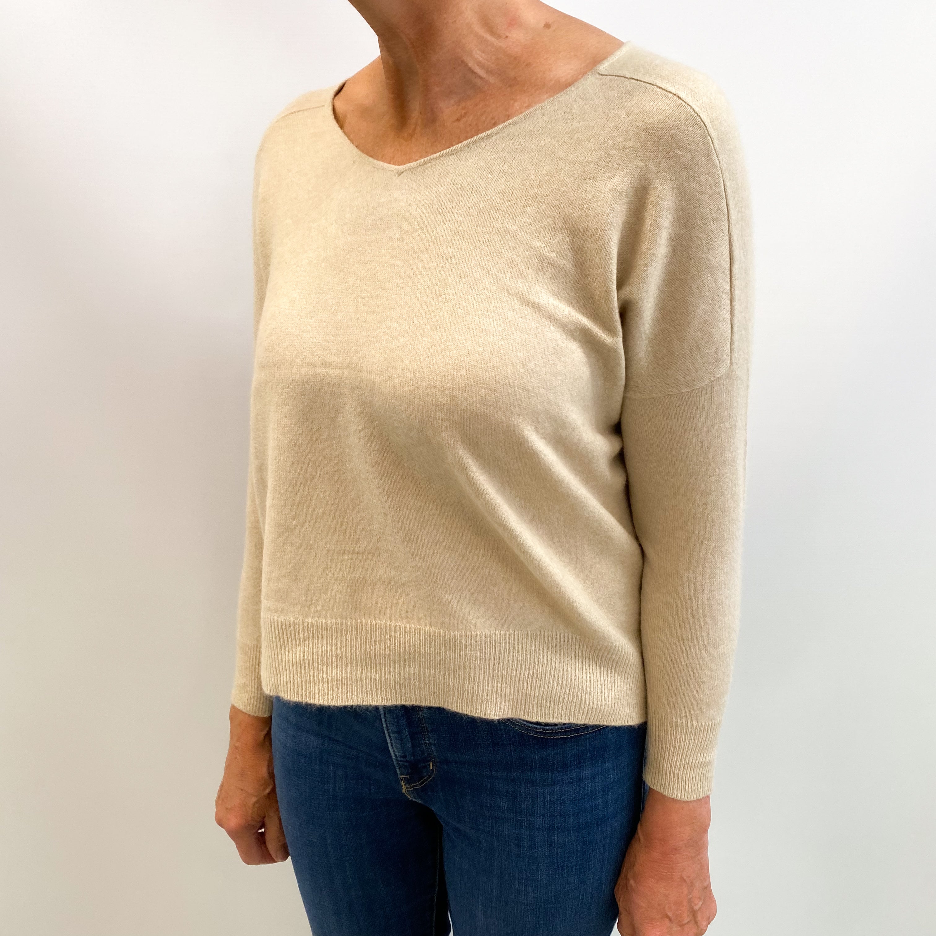 Oatmeal Beige Cashmere V Neck Jumper Medium