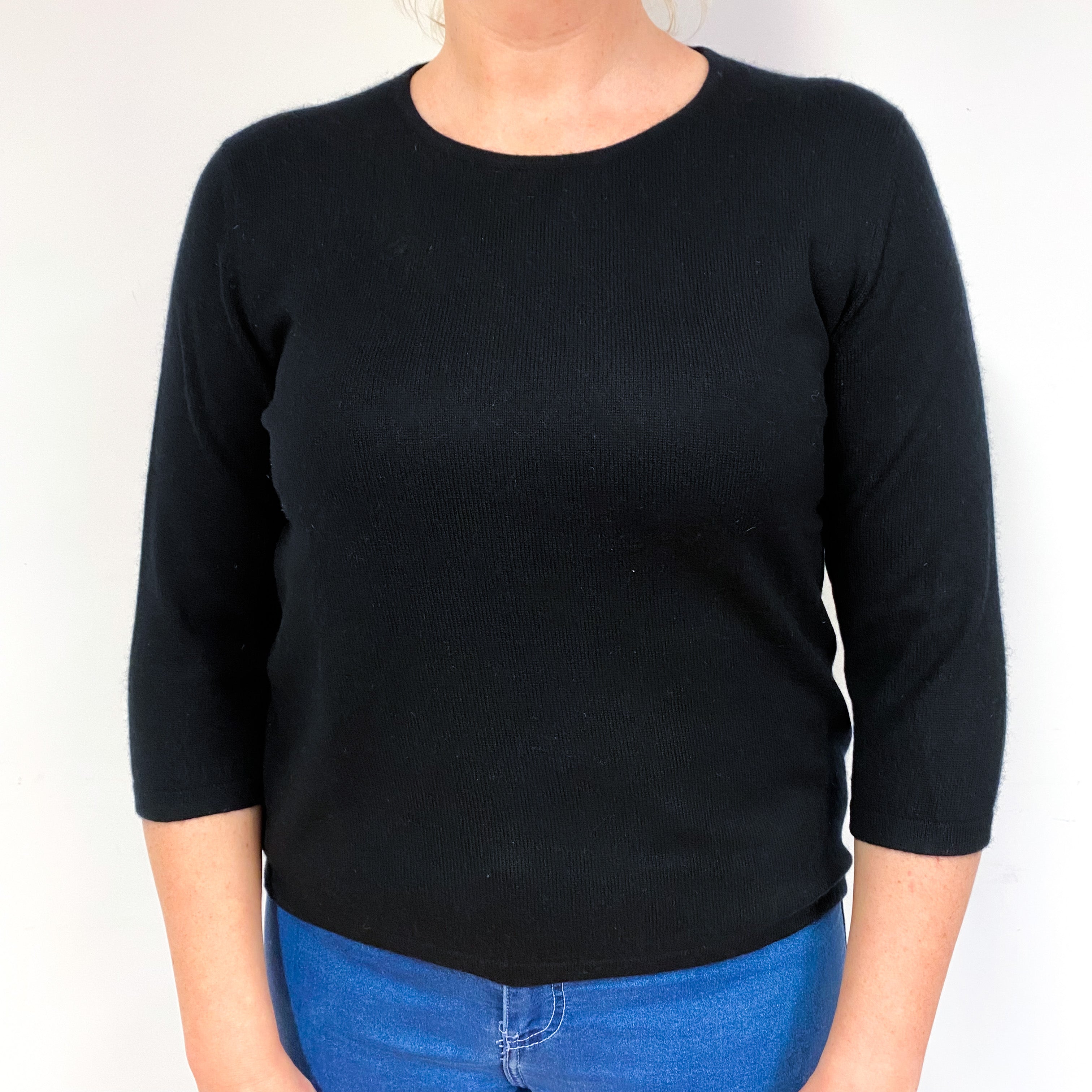 Black 3/4 Sleeve Cashmere Crew Neck Jumper Large