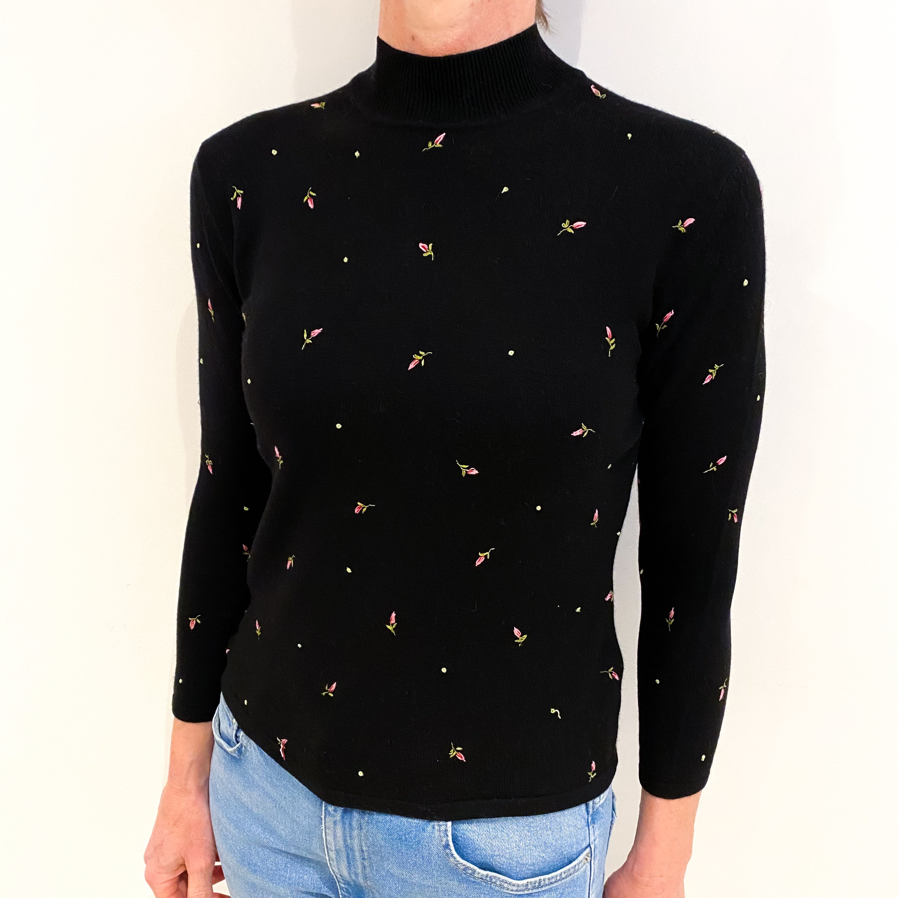 Black Floral Cashmere Turtle Neck Jumper Small