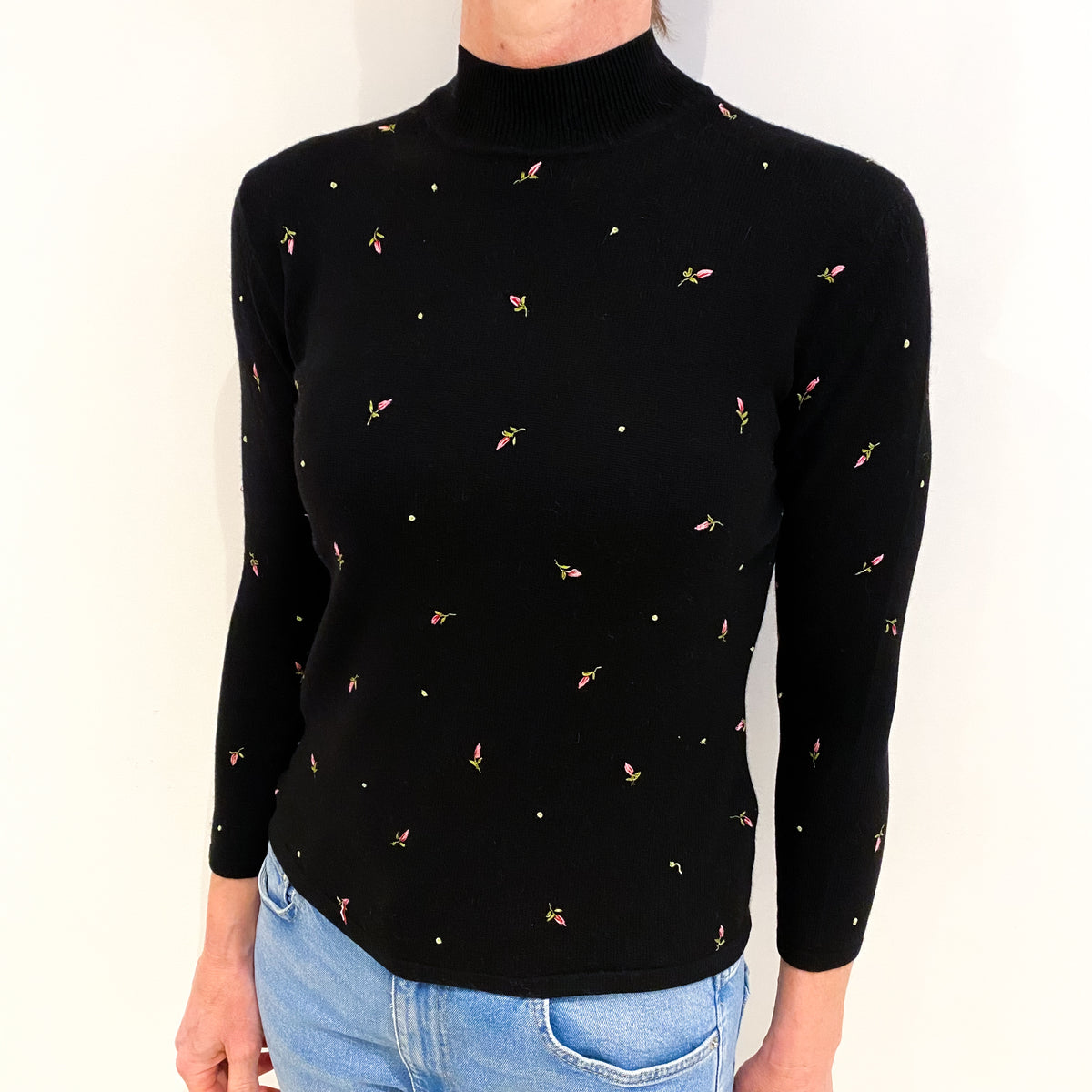 Black Floral Cashmere Turtle Neck Jumper Small