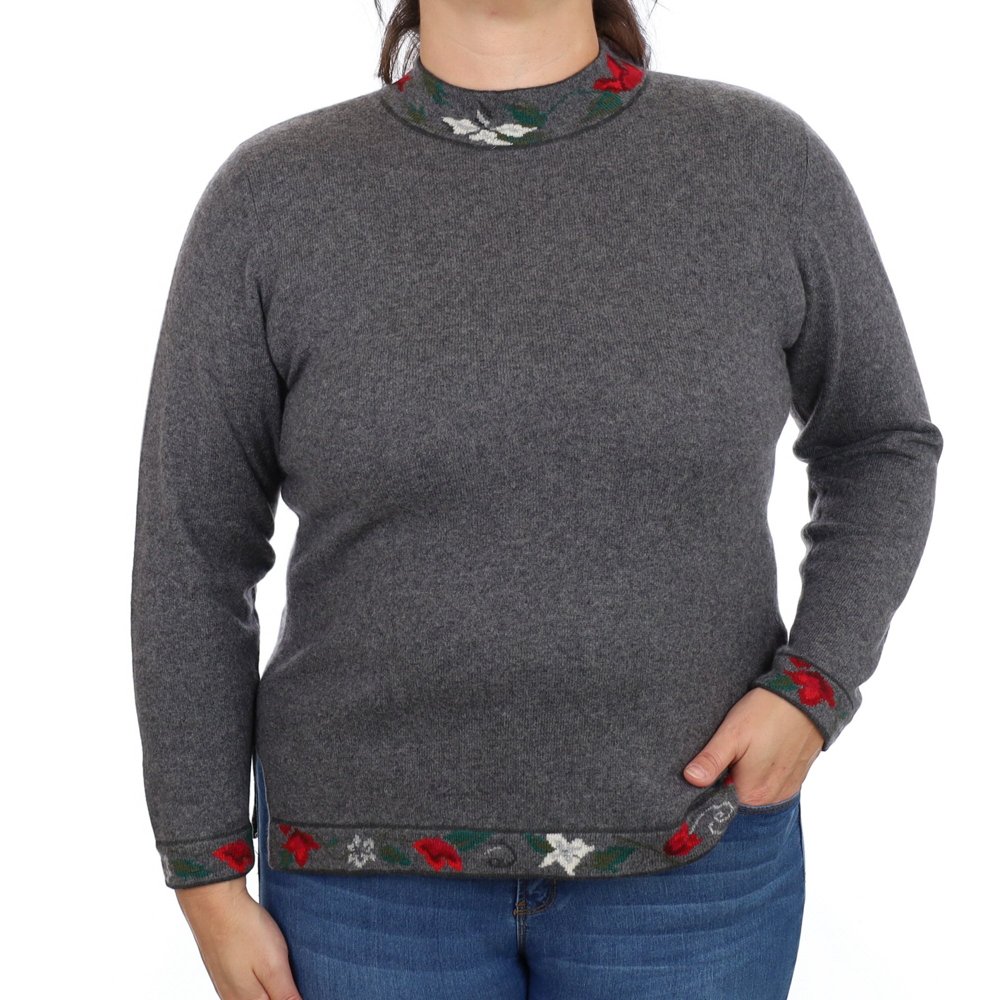 Grey Floral Trim Cashmere Turtle Neck Jumper Large