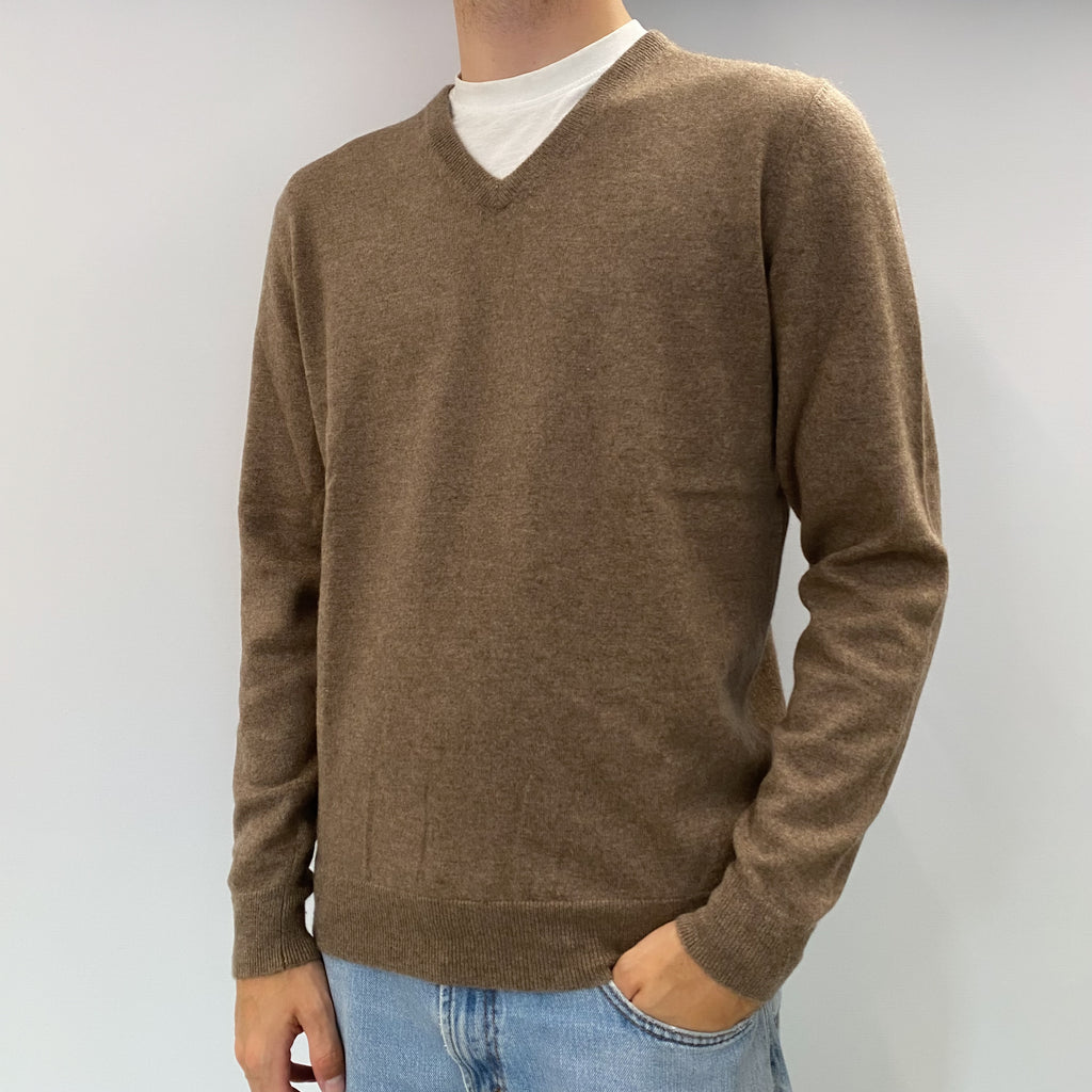 Men's Mocha Brown Cashmere V Neck Jumper Large