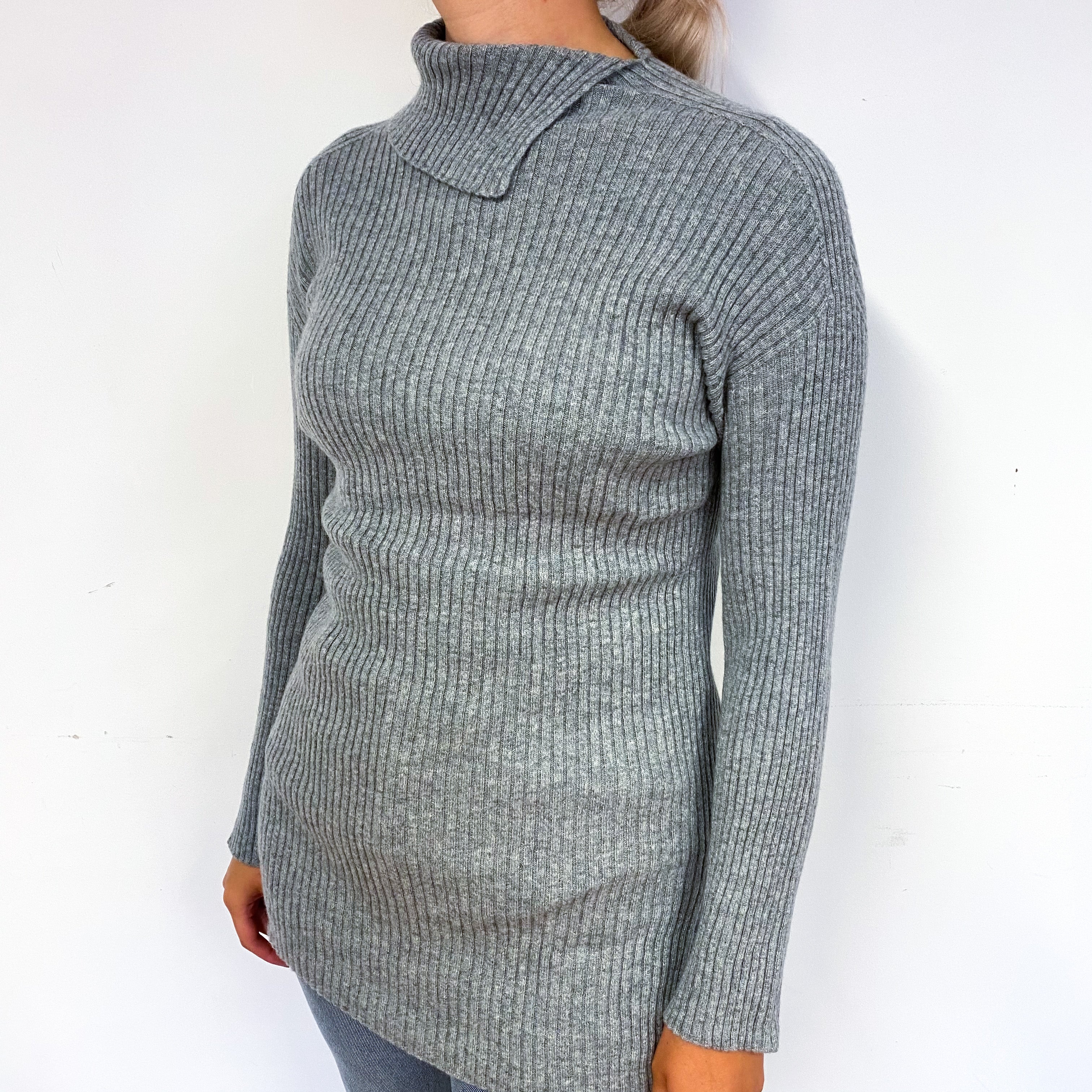 Steel Grey Skinny Rib Cashmere Polo Neck Jumper Small