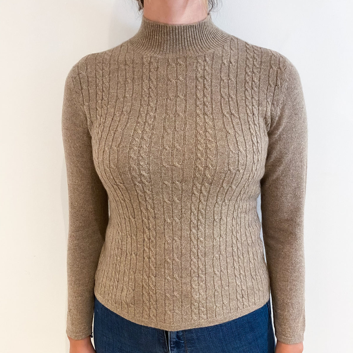 Mocha Brown Cable Front Cashmere Turtle Neck Jumper Small