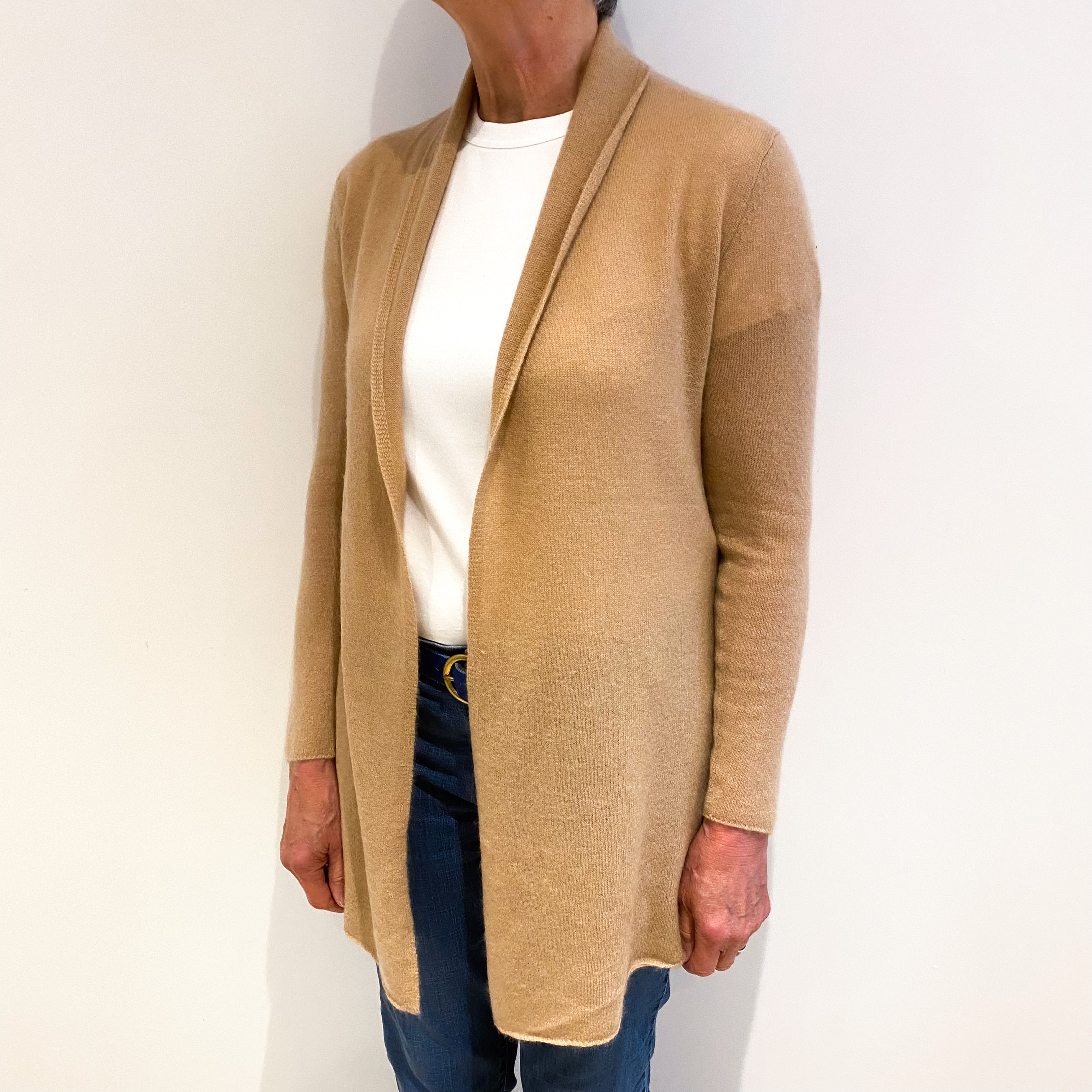 Sand Beige Cashmere Shawl Neck Edge To Edge Cardigan Medium
