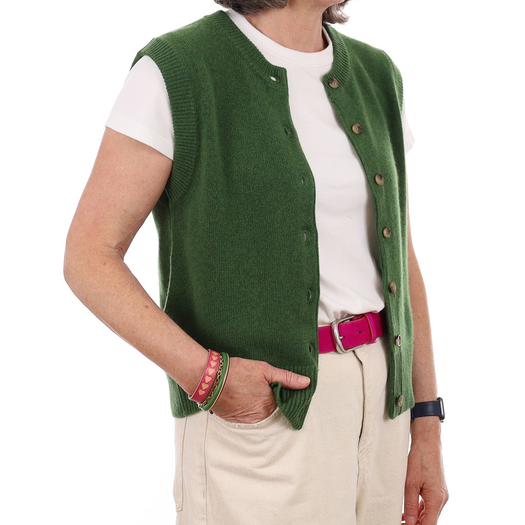 Brand New Willow Green Luxury Cashmere Crew Neck Waistcoat Medium UK 12-14