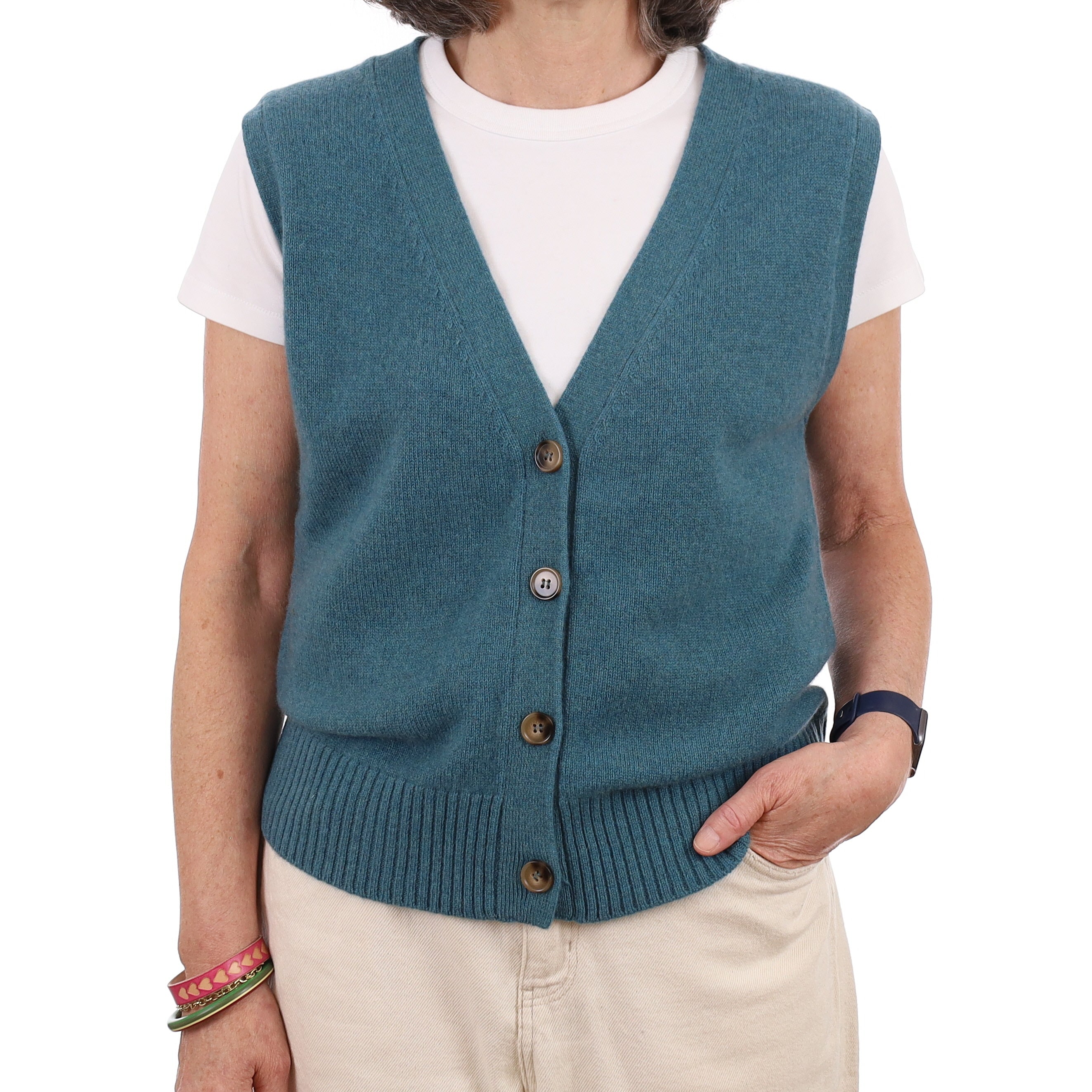 Brand New Ocean Green Luxury Cashmere V Neck Waistcoat Medium UK 12-14