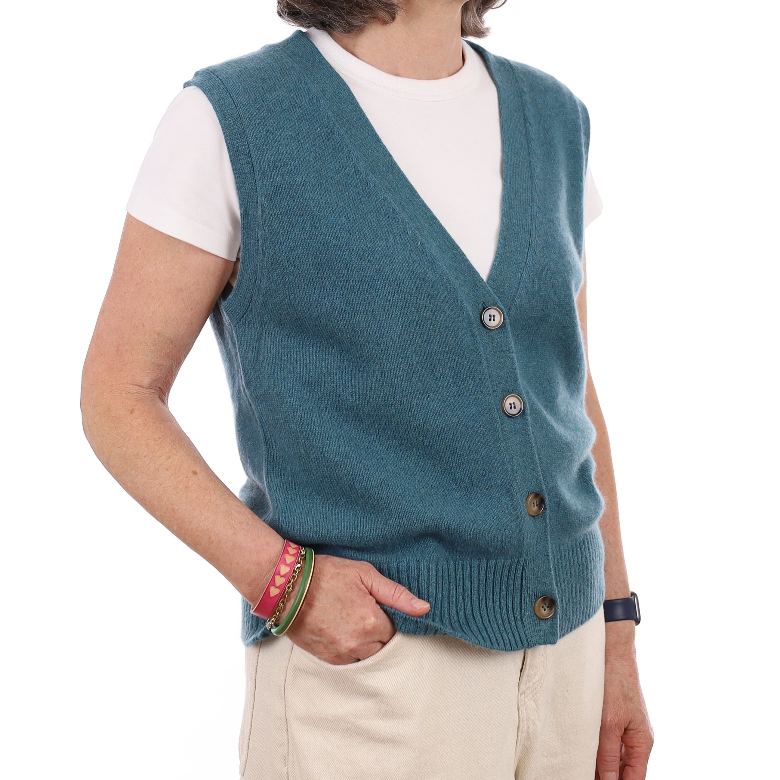 Brand New Ocean Green Luxury Cashmere V Neck Waistcoat Medium UK 12-14
