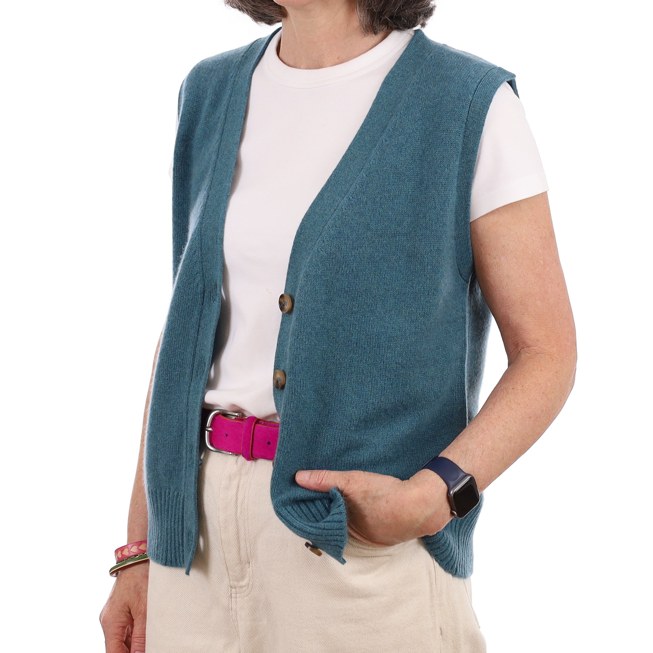 Brand New Ocean Green Luxury Cashmere V Neck Waistcoat Medium UK 12-14