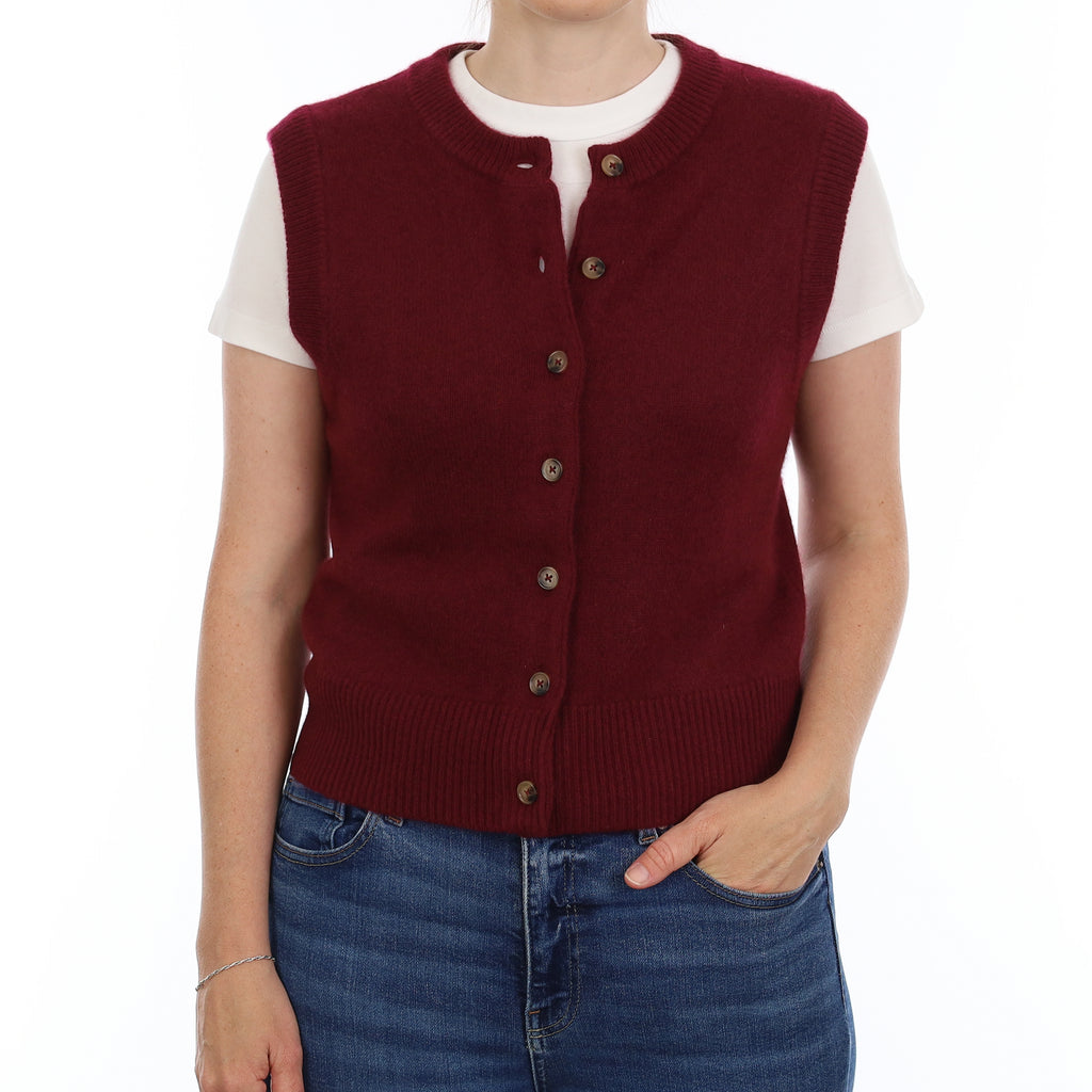 Brand New Wine Red Luxury Cashmere Crew Neck Waistcoat Small UK 8-10