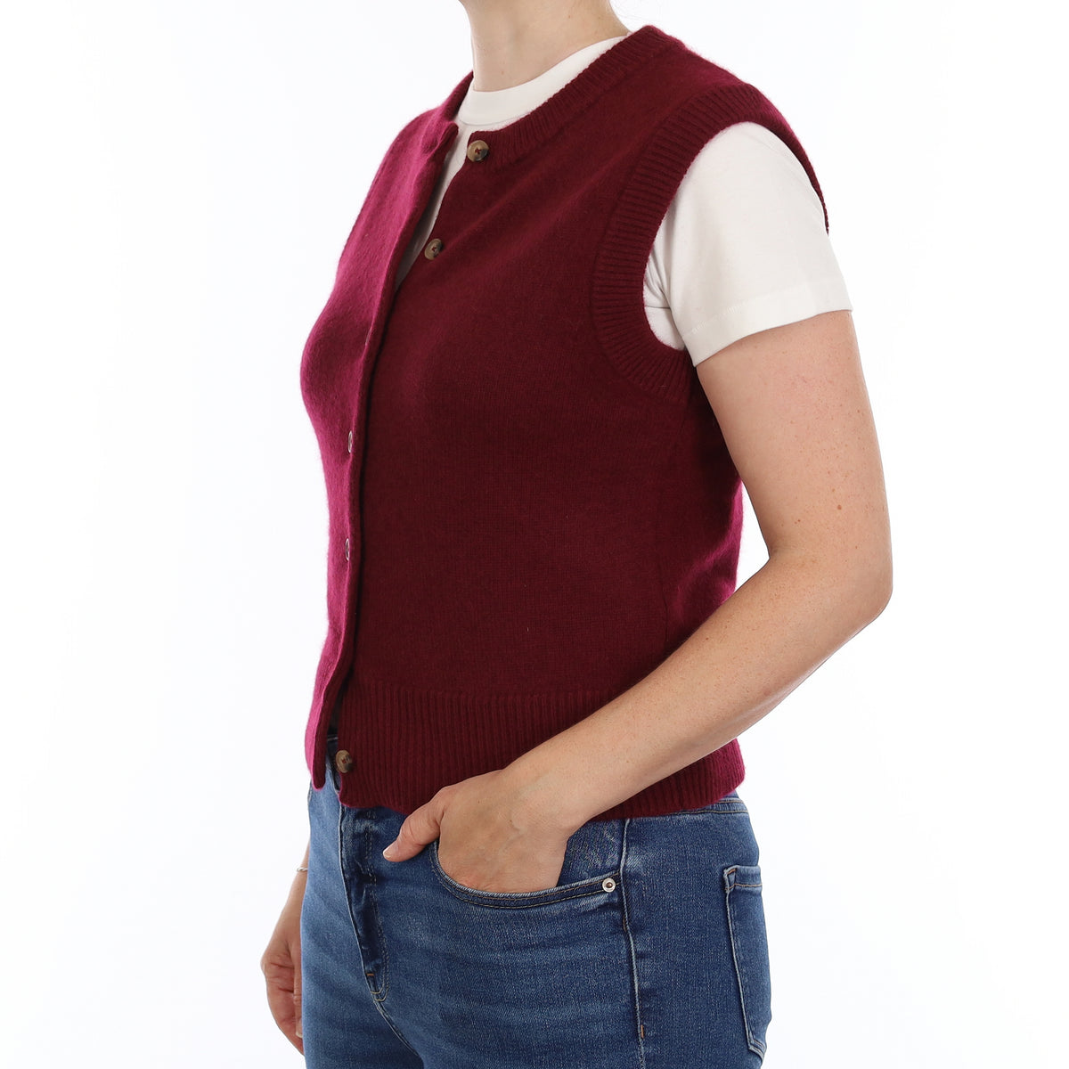 Brand New Wine Red Luxury Cashmere Crew Neck Waistcoat Small UK 8-10