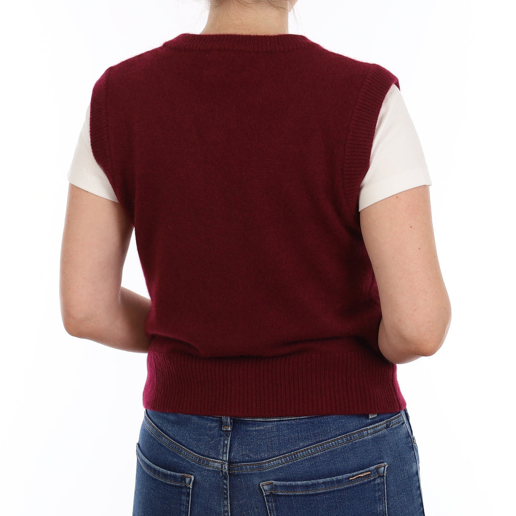 Brand New Wine Red Luxury Cashmere Crew Neck Waistcoat Small UK 8-10