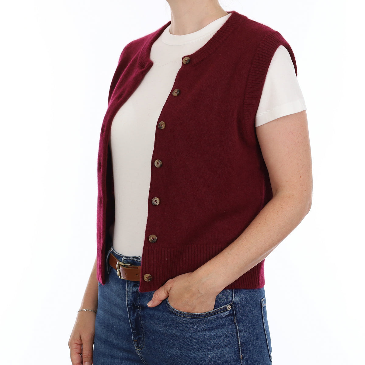 Brand New Wine Red Luxury Cashmere Crew Neck Waistcoat Small UK 8-10
