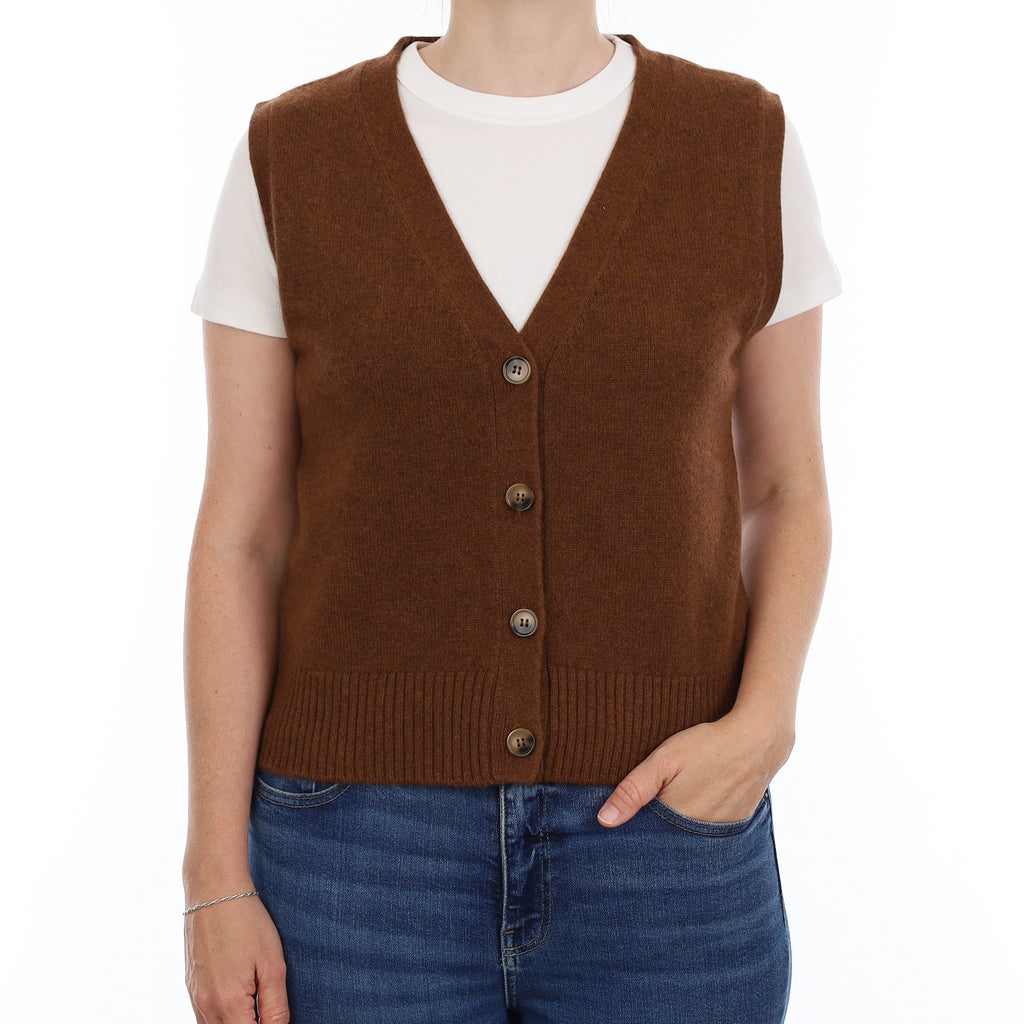Brand New Chestnut Brown Luxury Cashmere V Neck Waistcoat Small UK 8-10
