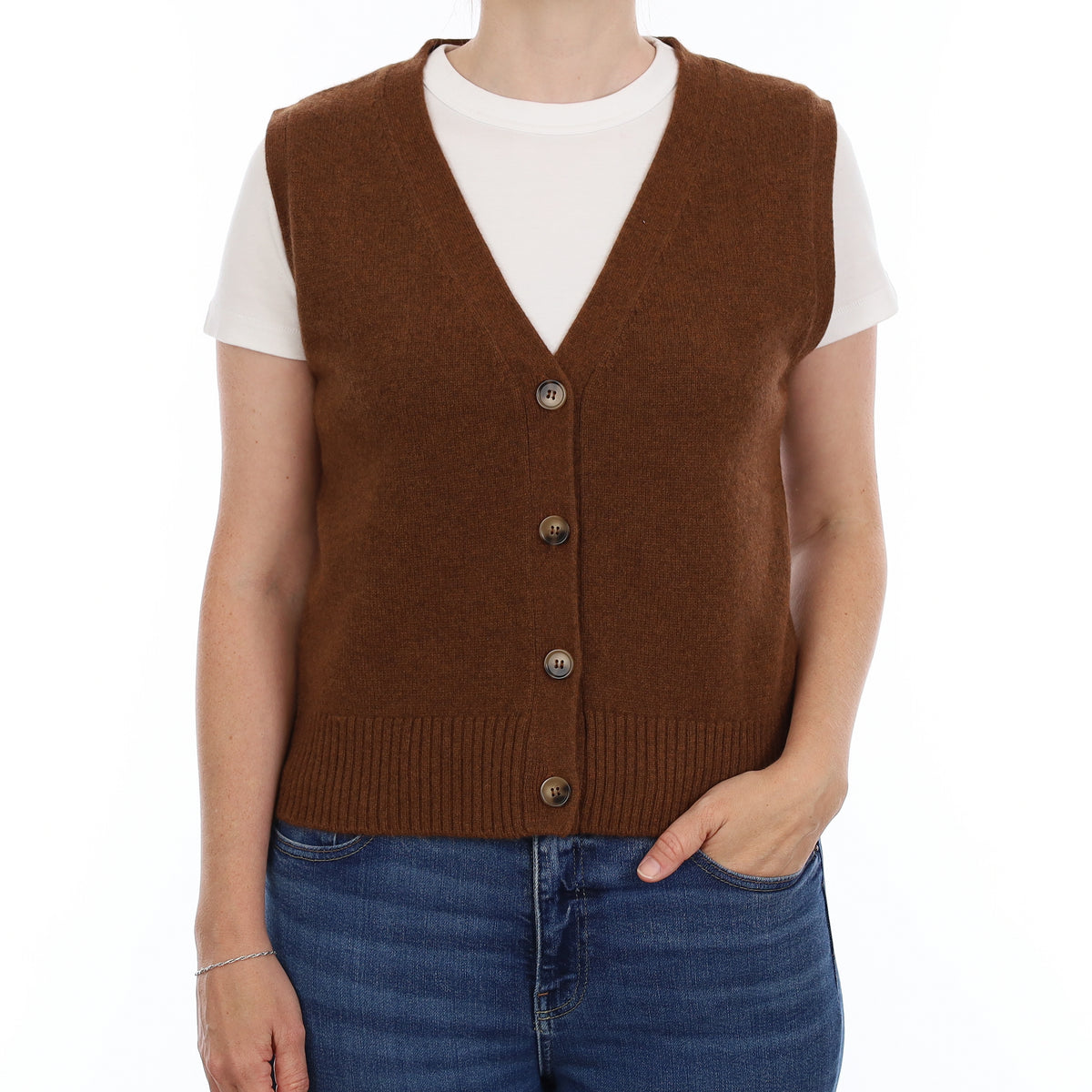 Brand New Chestnut Brown Luxury Cashmere V Neck Waistcoat Small UK 8-10
