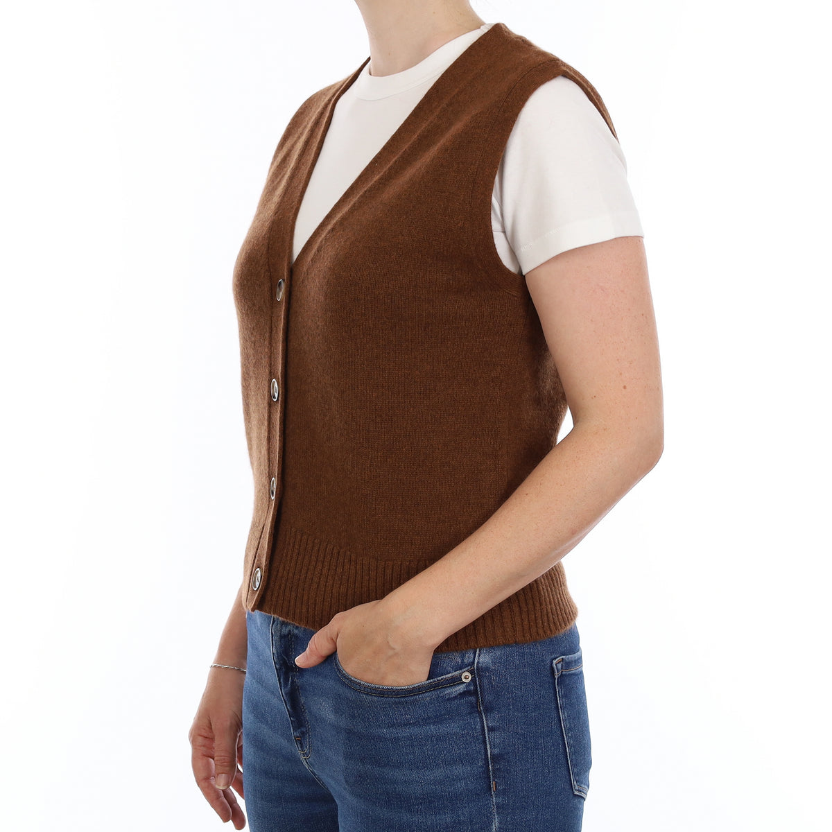 Brand New Chestnut Brown Luxury Cashmere V Neck Waistcoat Small UK 8-10