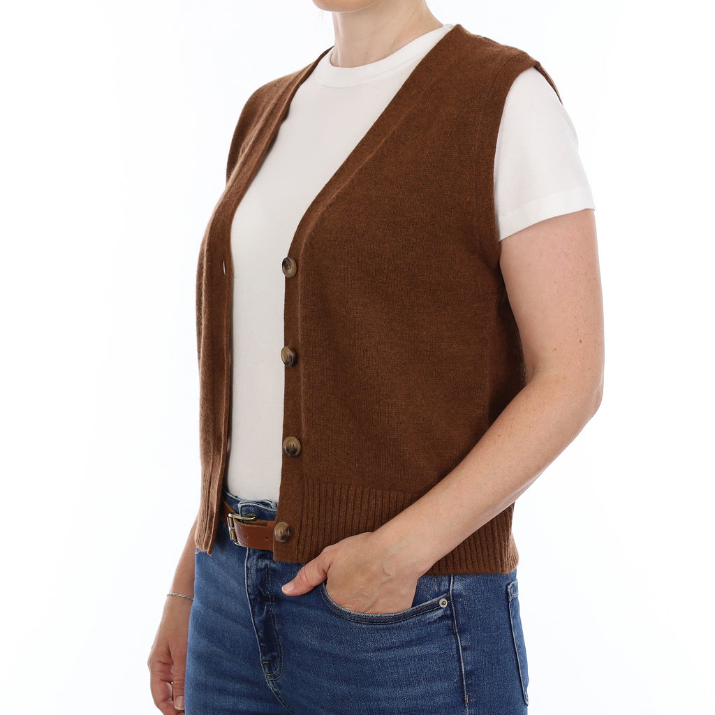 Brand New Chestnut Brown Luxury Cashmere V Neck Waistcoat Small UK 8-10