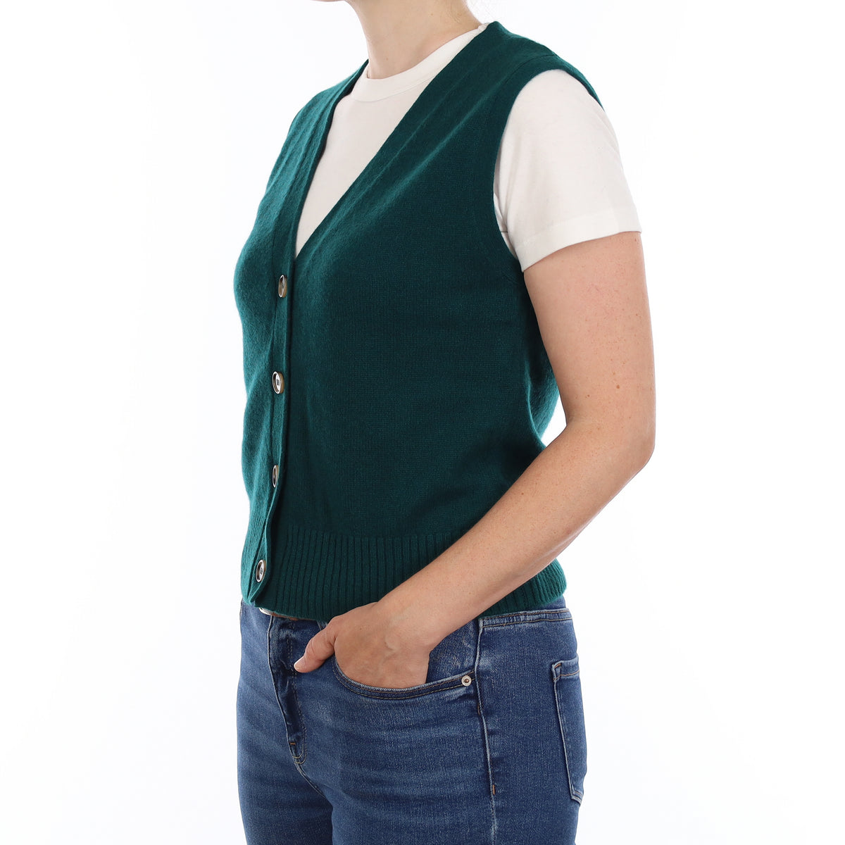 Brand New Forest Green Luxury Cashmere V Neck Waistcoat Small UK 8-10