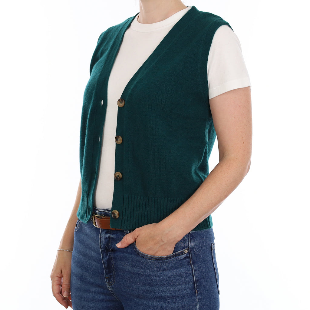 Brand New Forest Green Luxury Cashmere V Neck Waistcoat Small UK 8-10