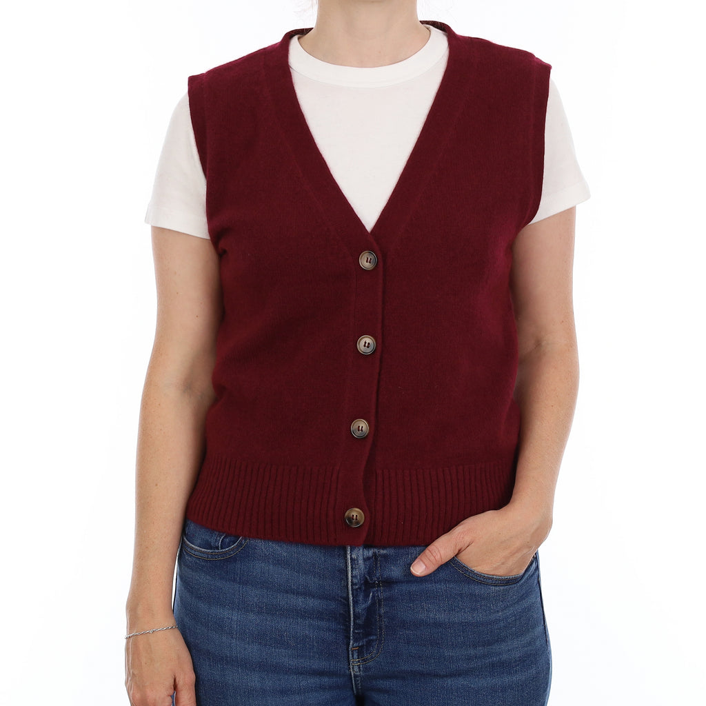 Brand New Wine Red Luxury Cashmere V Neck Waistcoat Small UK 8-10