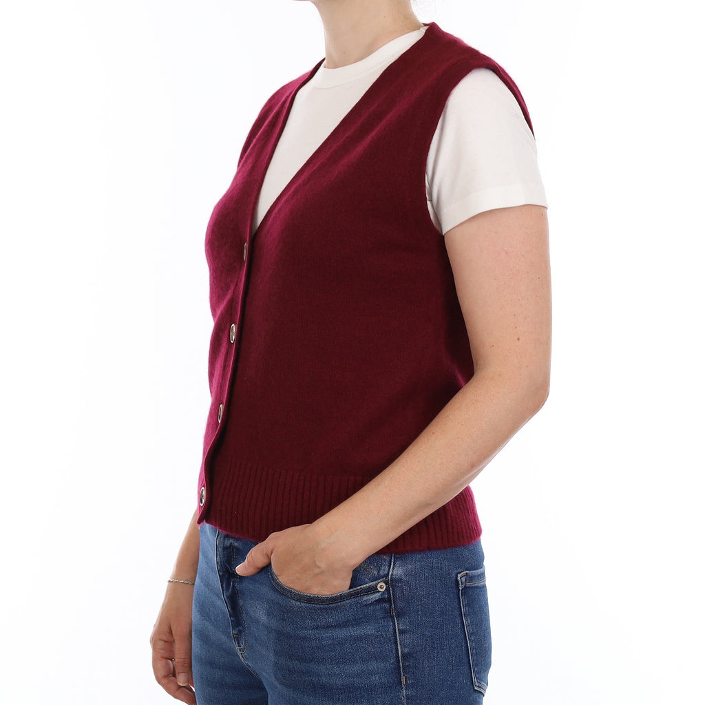 Brand New Wine Red Luxury Cashmere V Neck Waistcoat Small UK 8-10