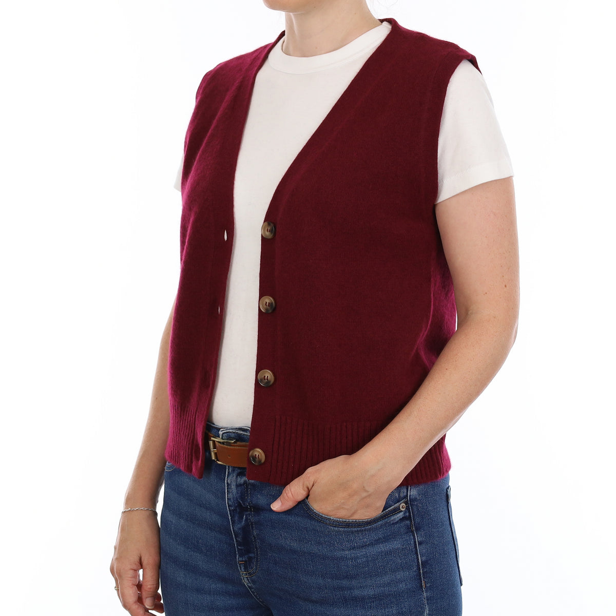 Brand New Wine Red Luxury Cashmere V Neck Waistcoat Small UK 8-10