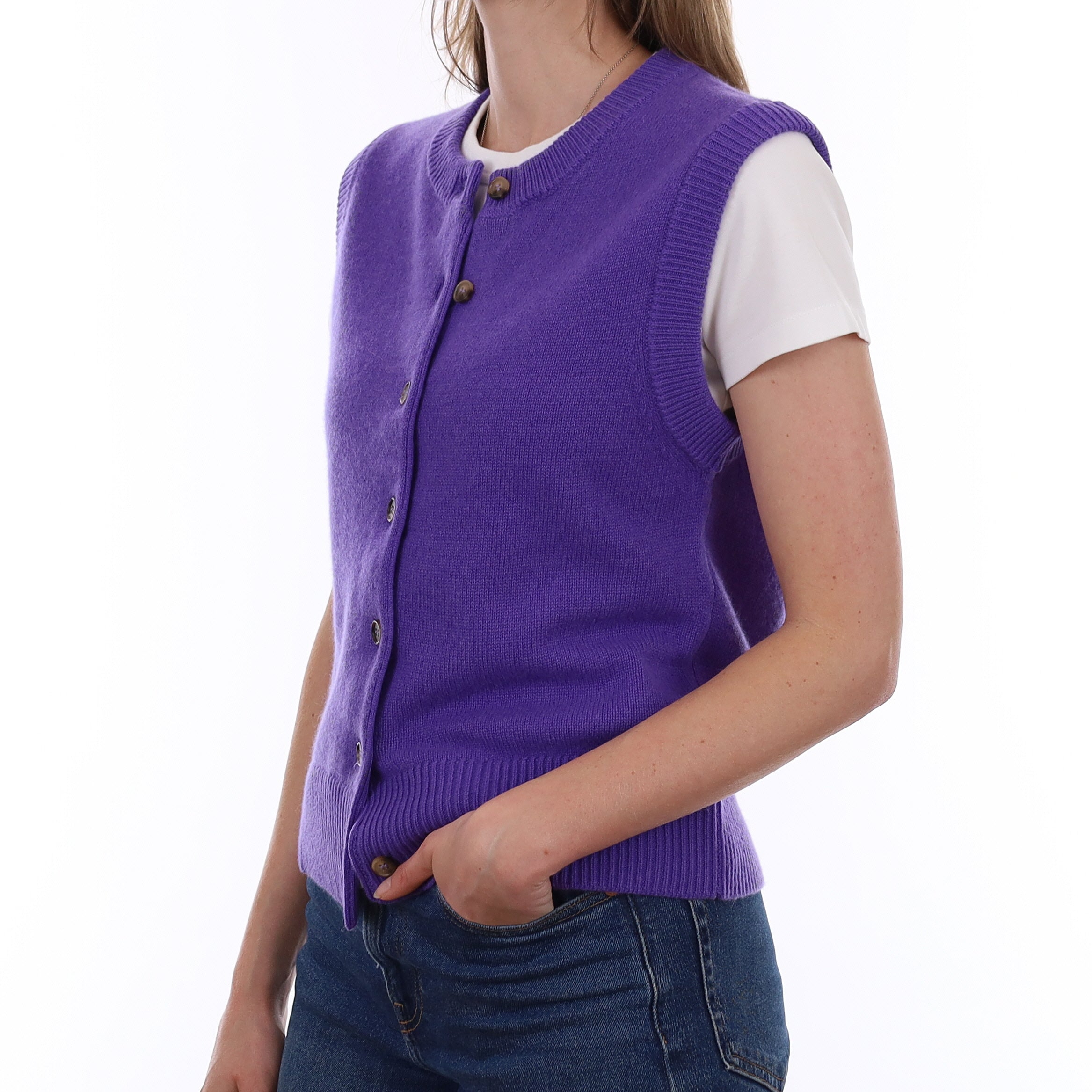 Brand New Periwinkle Purple Luxury Cashmere Crew Neck Waistcoat Small UK 8-10