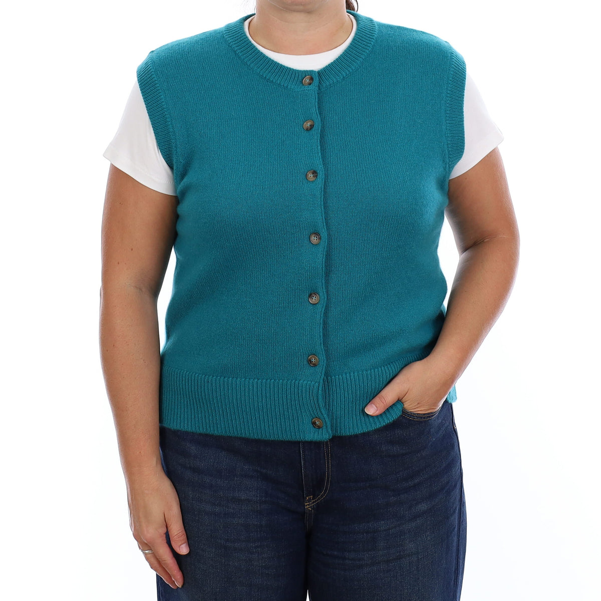Brand New Teal Luxury Cashmere Crew Neck Waistcoat Large UK 16-18