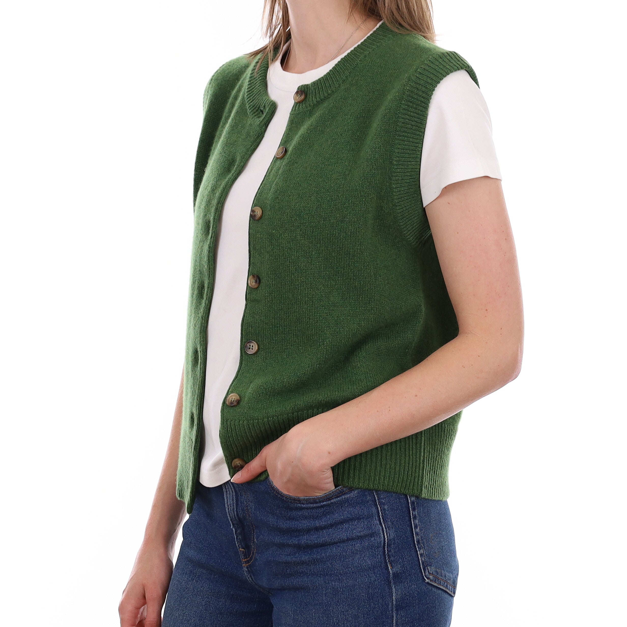 Brand New Willow Green Luxury Cashmere Crew Neck Waistcoat Small UK 8-10