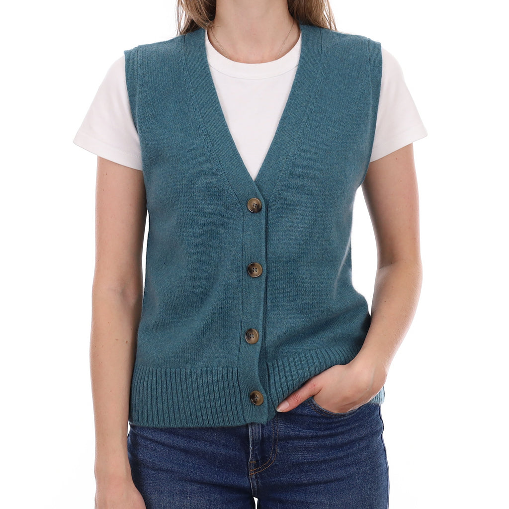 Brand New Ocean Green Luxury Cashmere V Neck Waistcoat Small UK 8-10