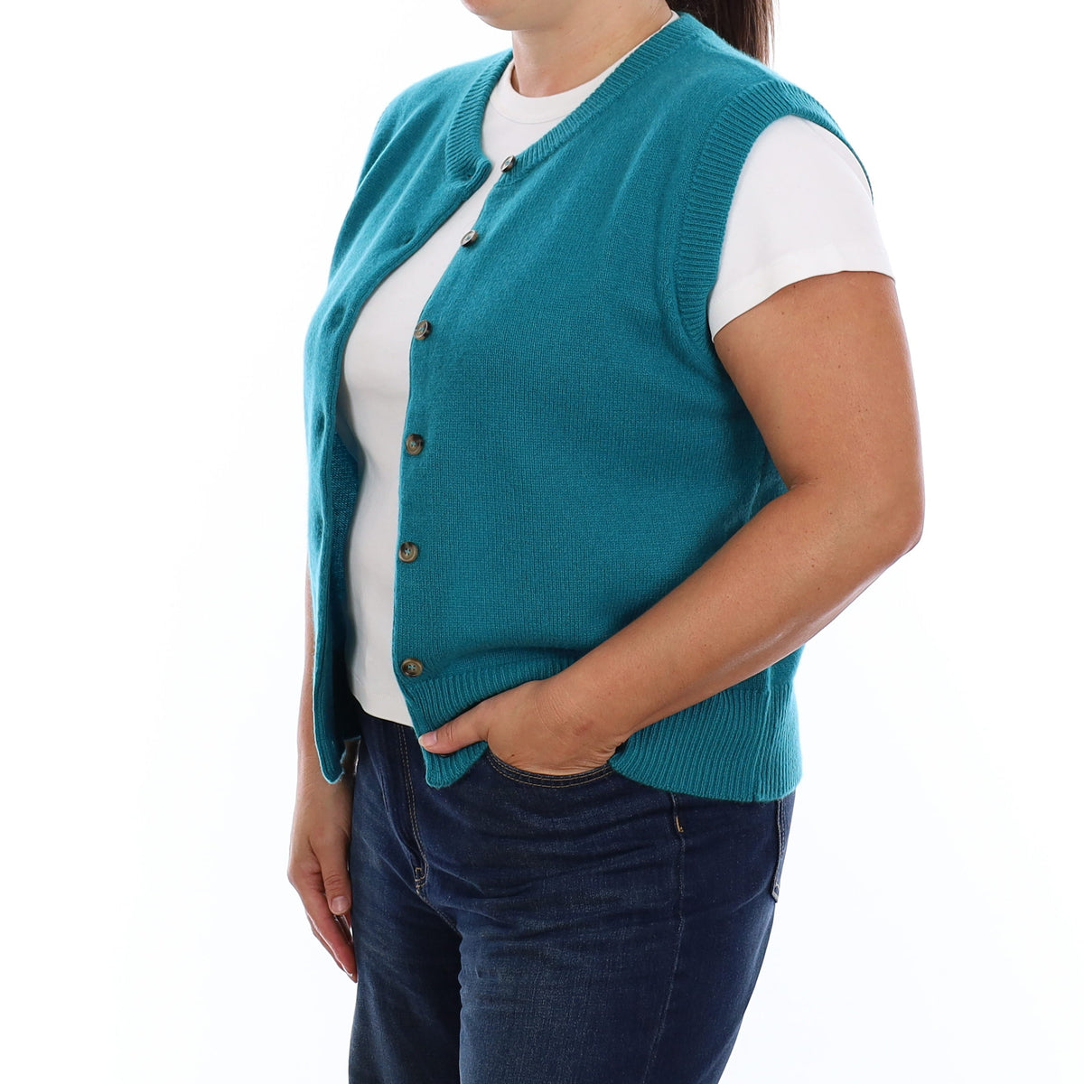 Brand New Teal Luxury Cashmere Crew Neck Waistcoat Extra Large UK 20-22
