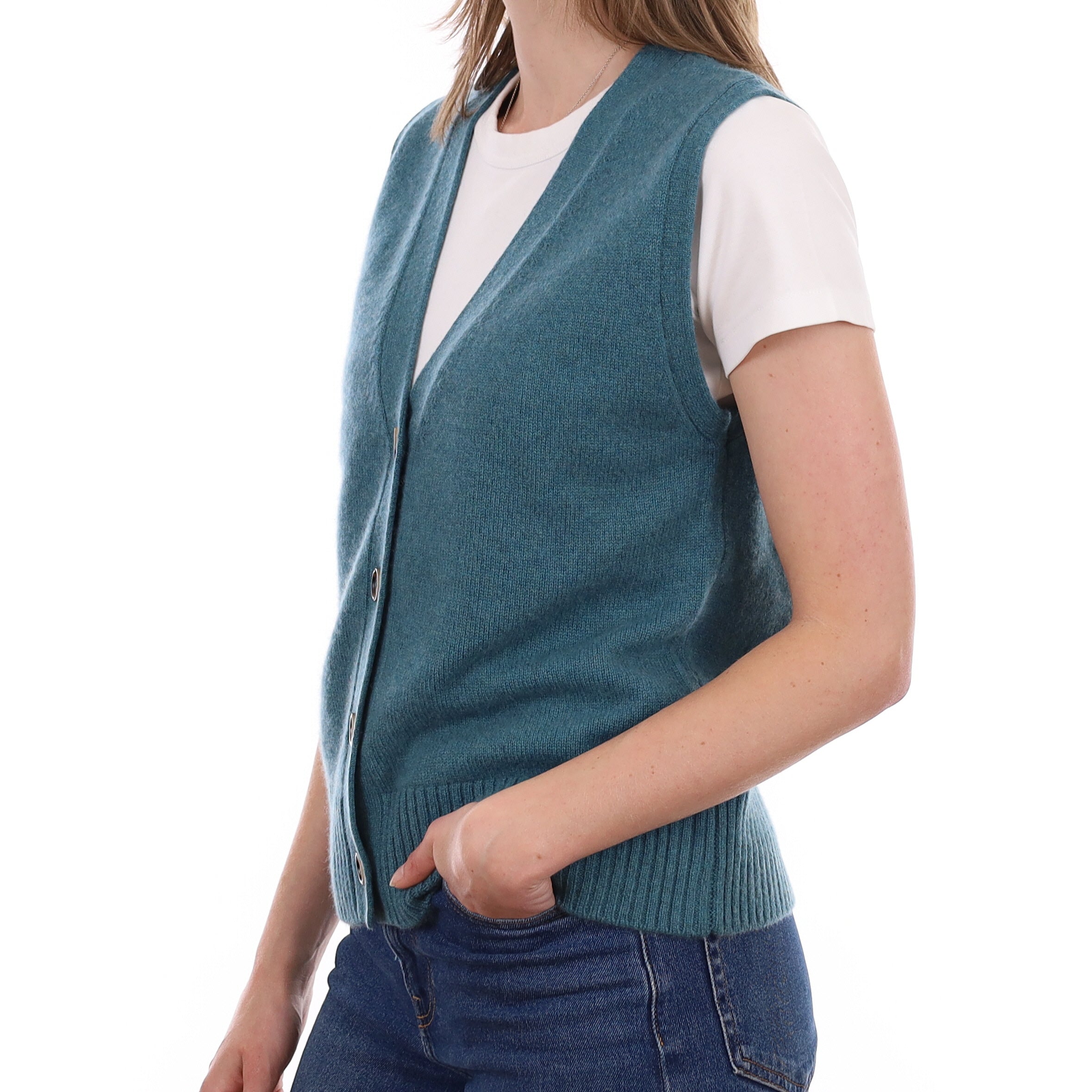 Brand New Ocean Green Luxury Cashmere V Neck Waistcoat Small UK 8-10