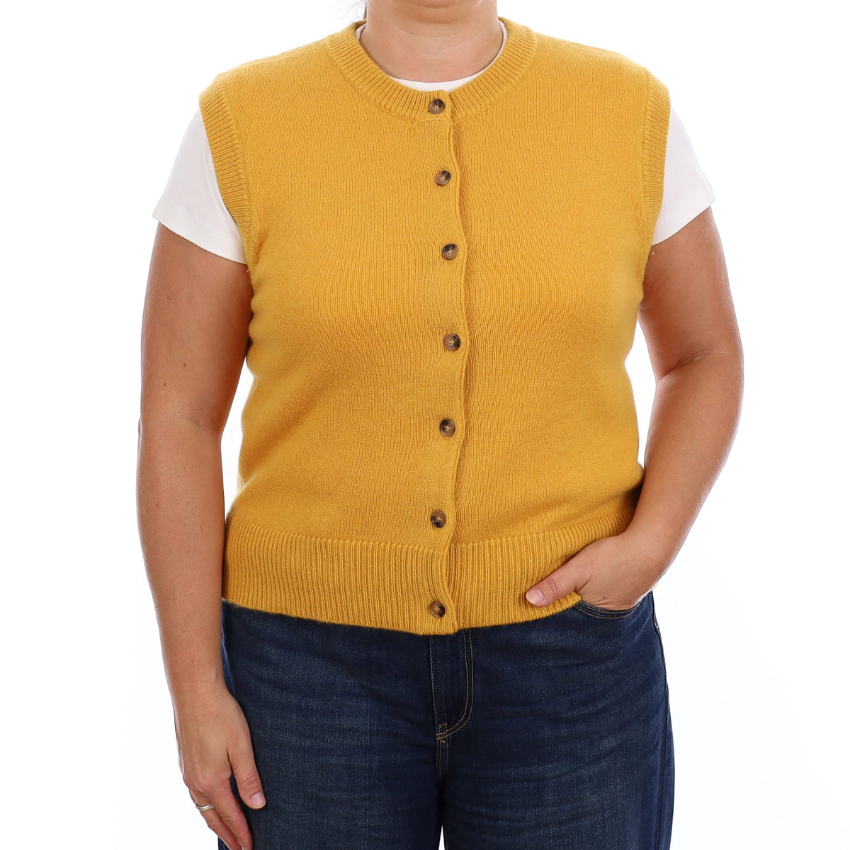 Brand New Mustard Yellow Luxury Cashmere Crew Neck Waistcoat Extra Large UK 20-22