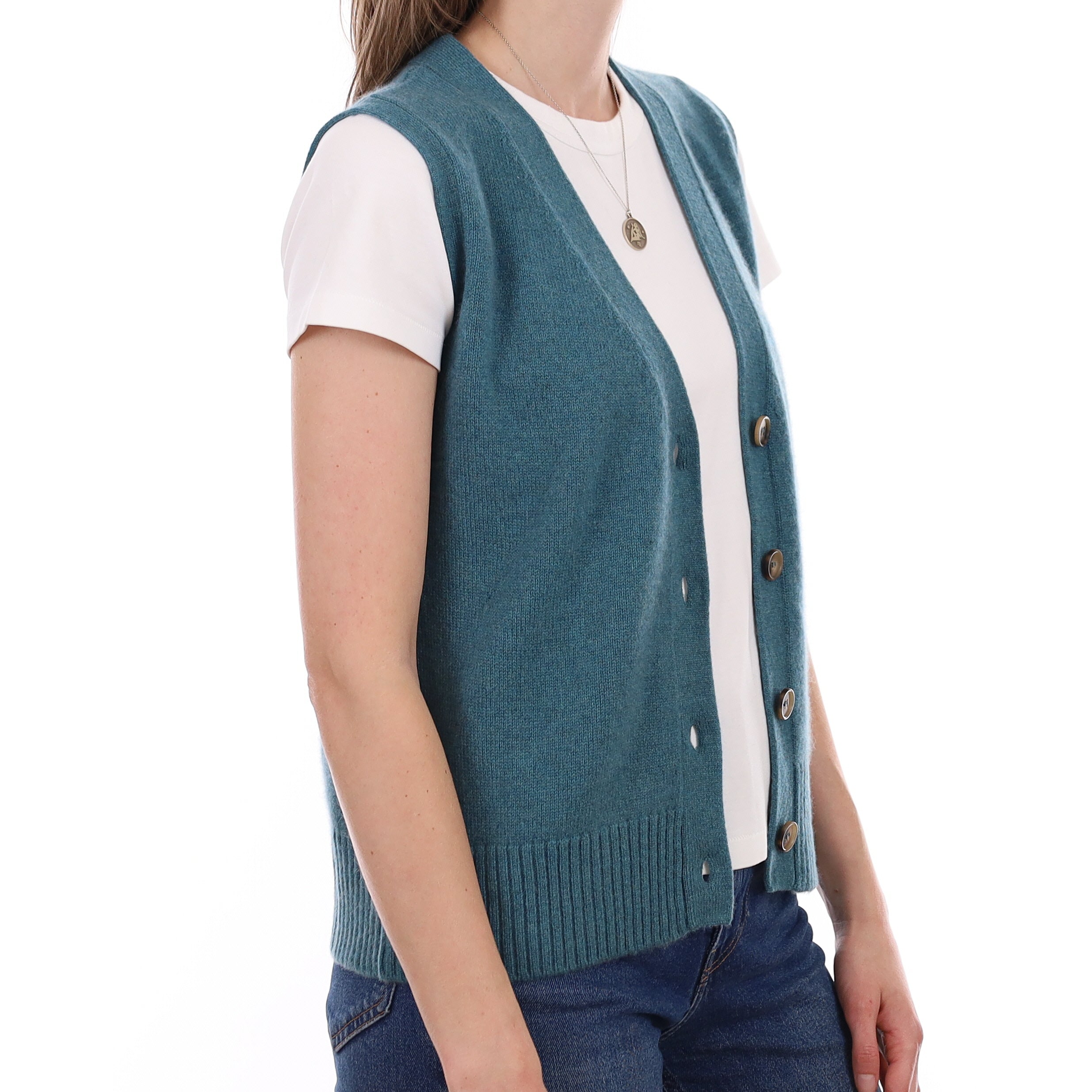Brand New Ocean Green Luxury Cashmere V Neck Waistcoat Small UK 8-10