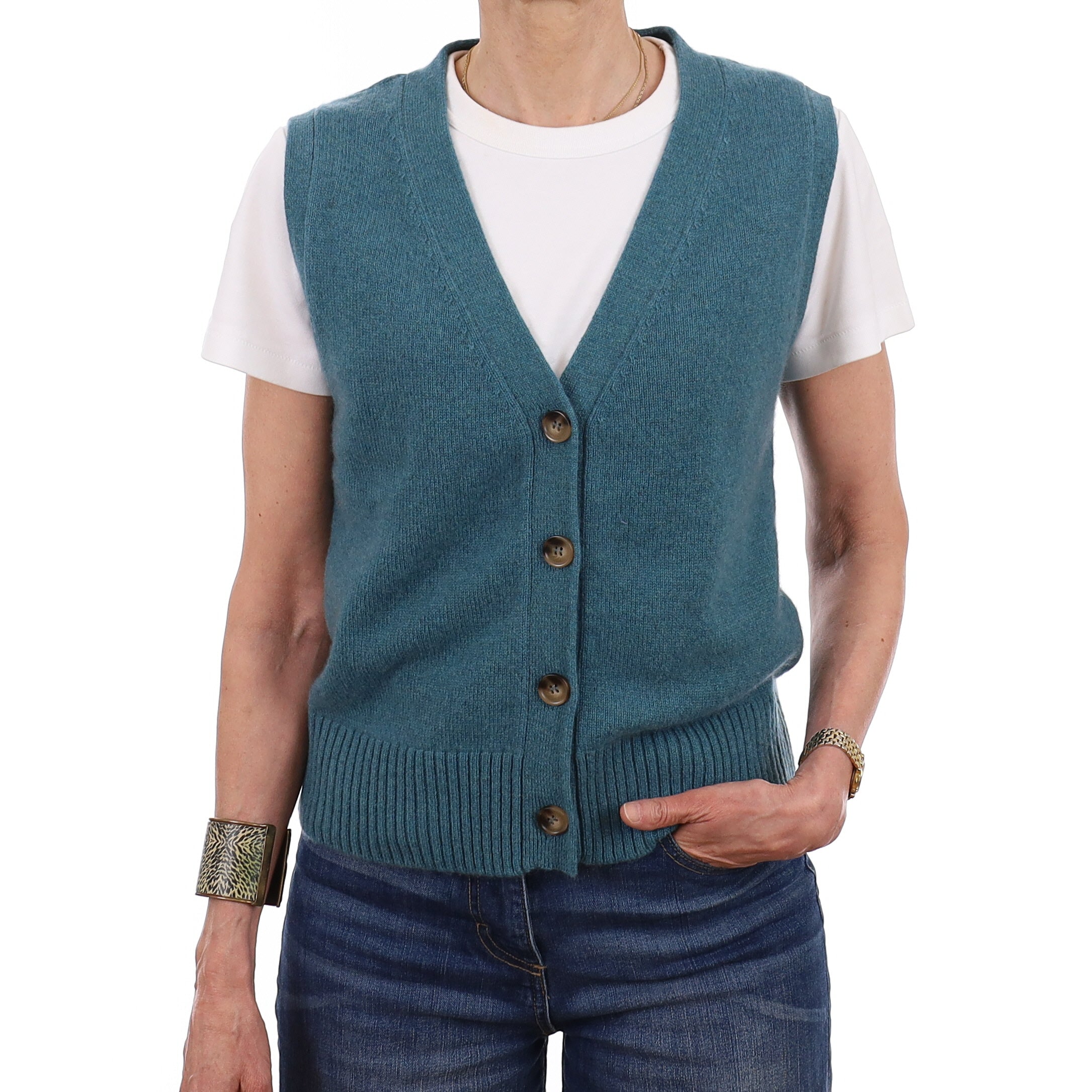 Brand New Ocean Green Luxury Cashmere V Neck Waistcoat Extra Small UK 6-8