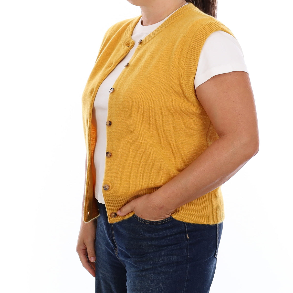 Brand New Mustard Yellow Luxury Cashmere Crew Neck Waistcoat Large UK 16-18