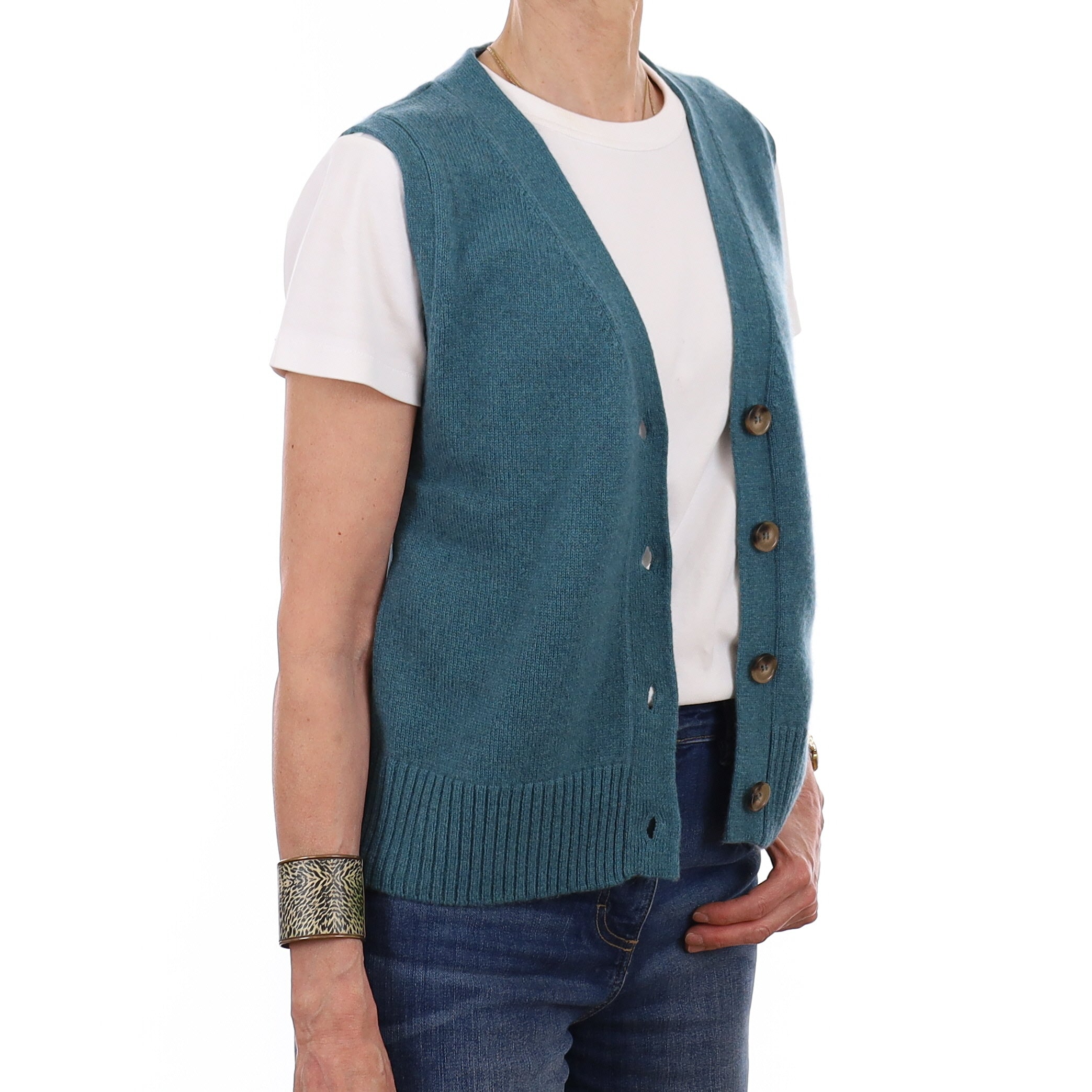 Brand New Ocean Green Luxury Cashmere V Neck Waistcoat Extra Small UK 6-8