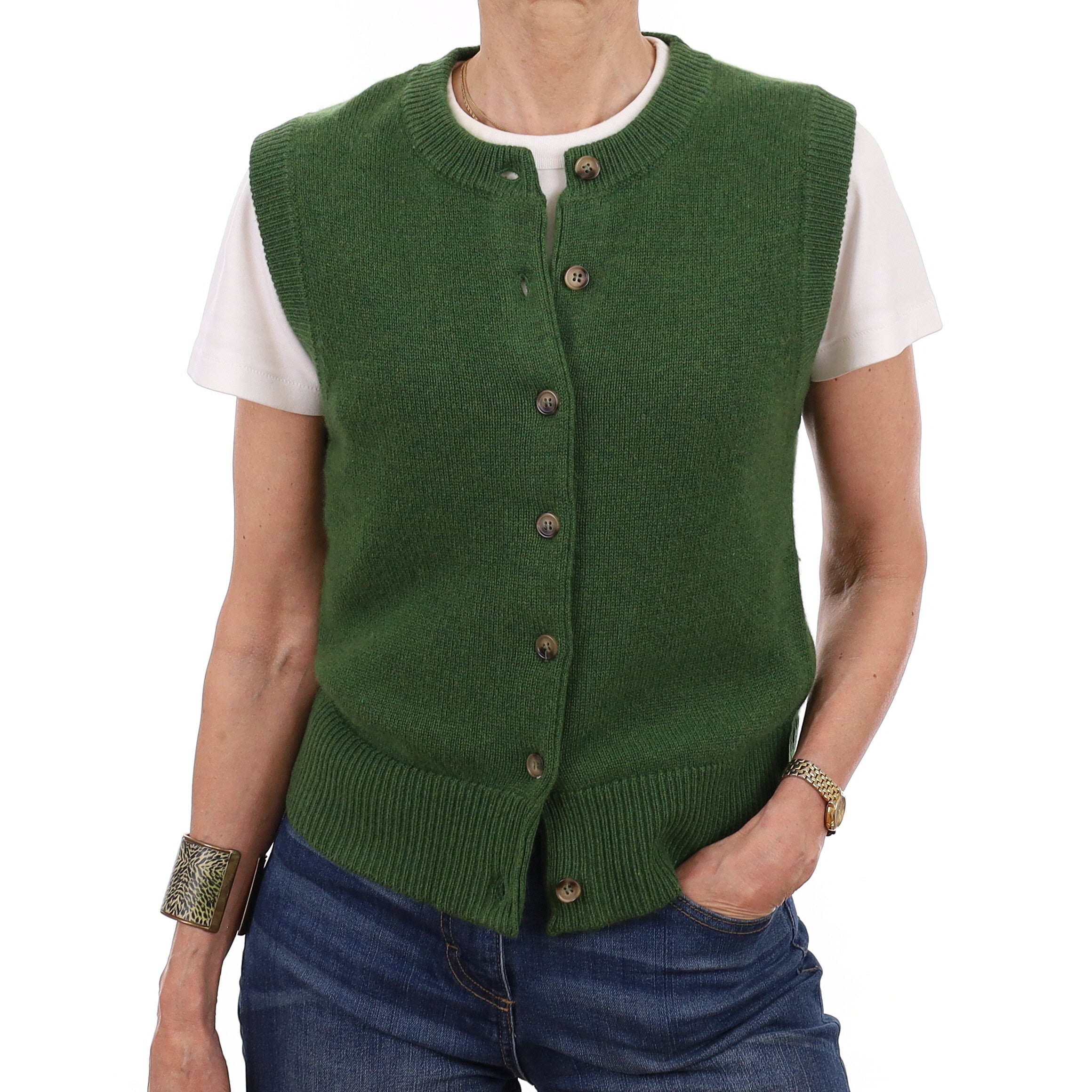 Brand New Willow Green Luxury Cashmere Crew Neck Waistcoat Extra Small UK 6-8