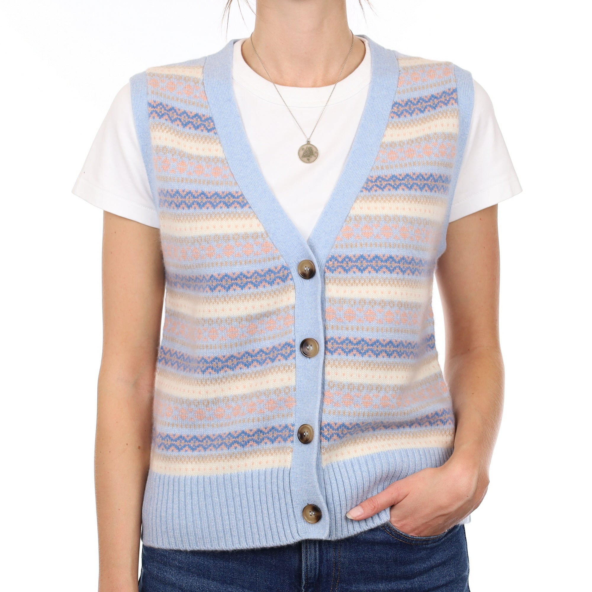 Brand New Baby Blue and Shell Pink Fair Isle Luxury Cashmere V Neck Waistcoat Small UK 8-10