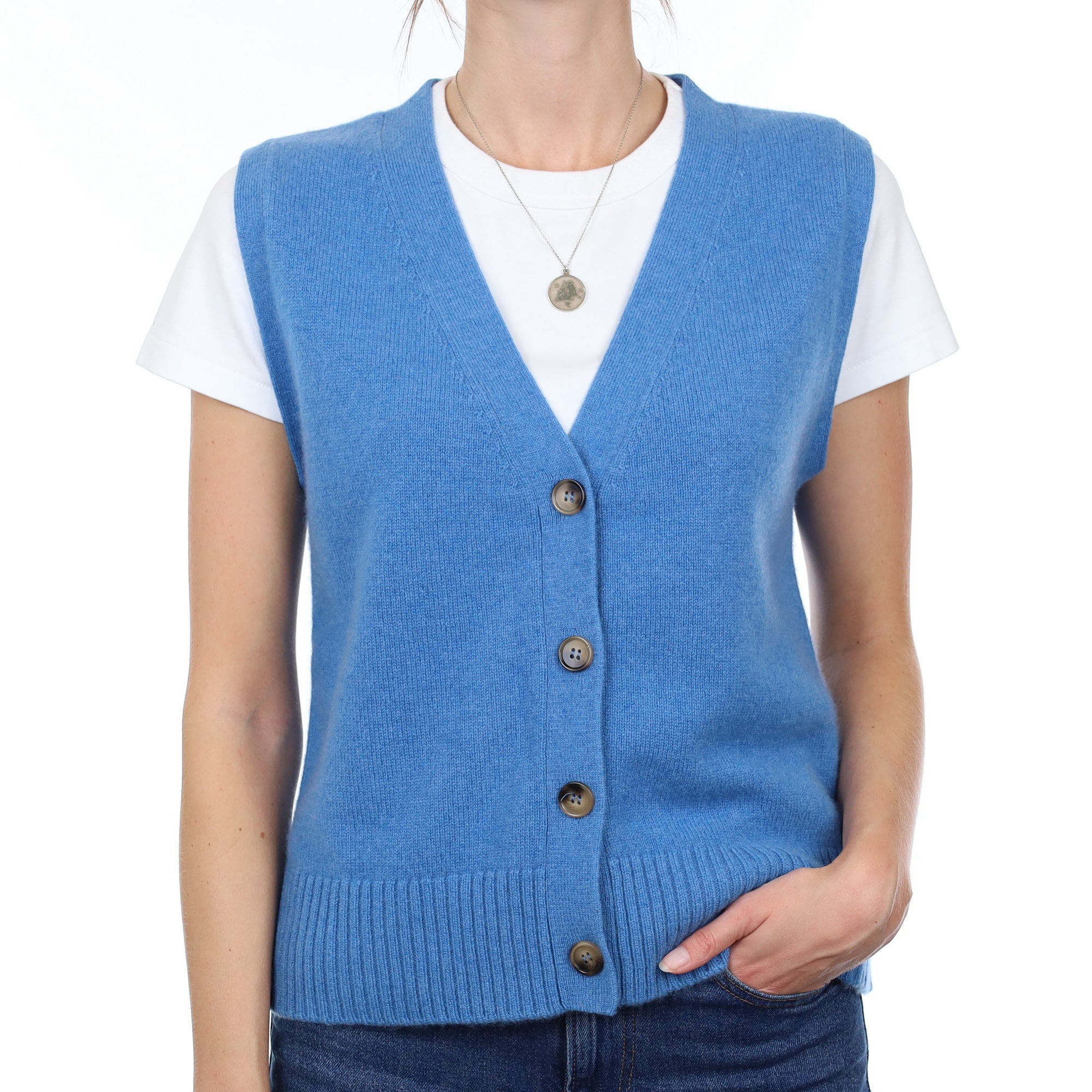 Brand New Mediterranean Blue Luxury Cashmere V Neck Waistcoat Small UK 8-10
