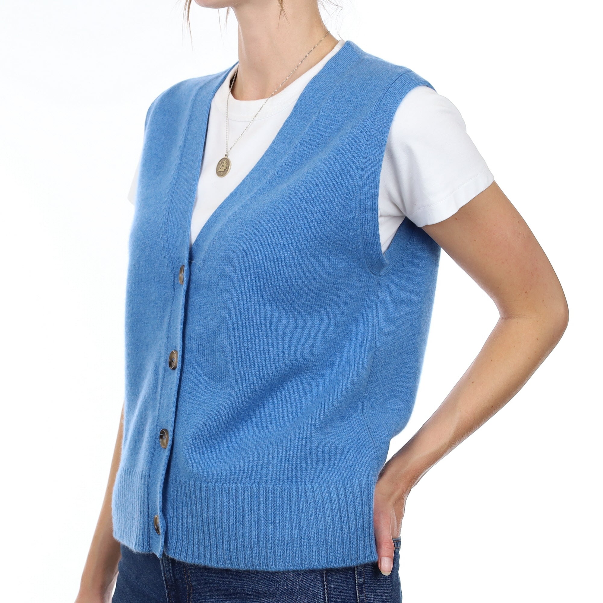 Brand New Mediterranean Blue Luxury Cashmere V Neck Waistcoat Small UK 8-10