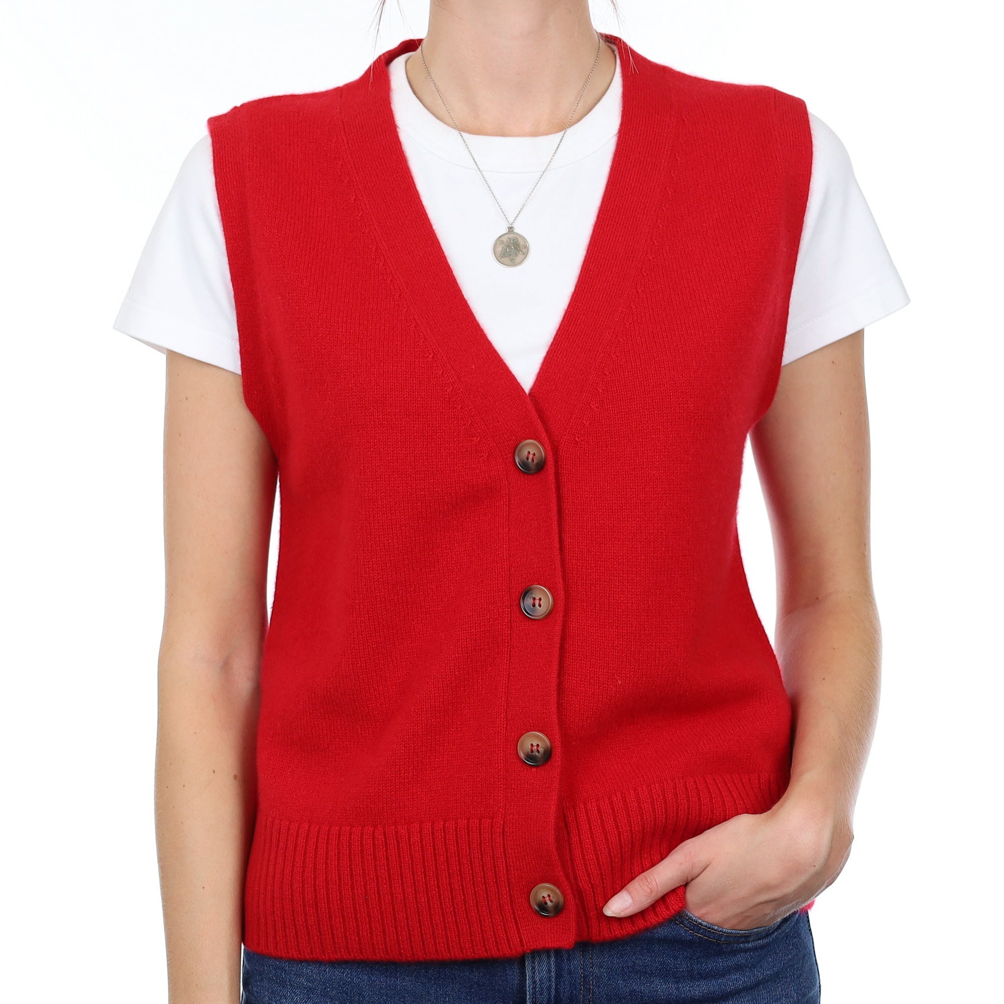 Brand New Post Box Red Luxury Cashmere V Neck Waistcoat Small UK 8-10