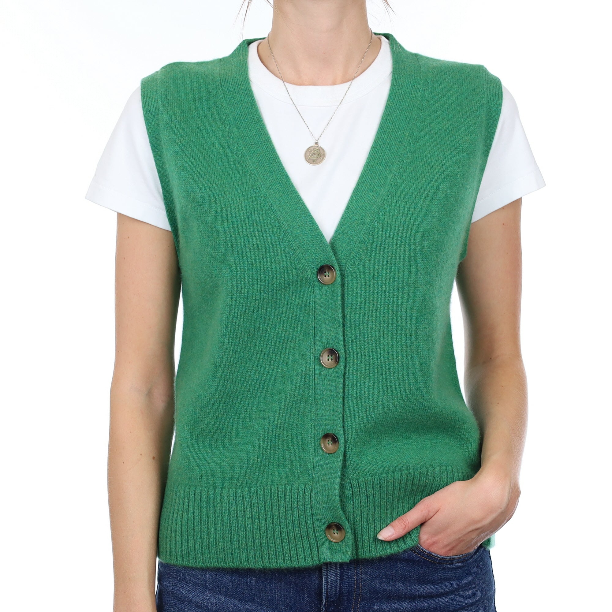 Brand New Shamrock Green Luxury Cashmere V Neck Waistcoat Small UK 8-10