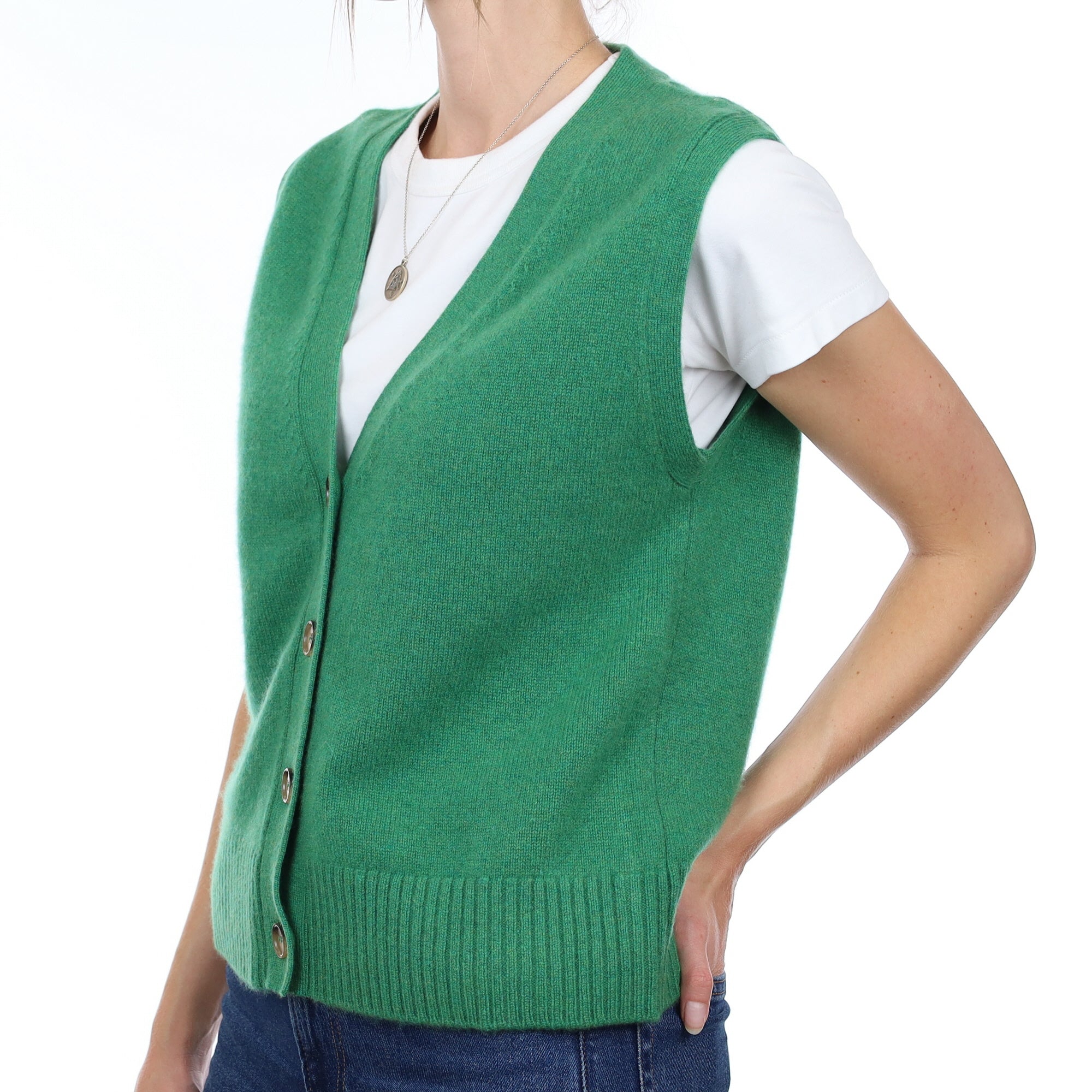 Brand New Shamrock Green Luxury Cashmere V Neck Waistcoat Small UK 8-10