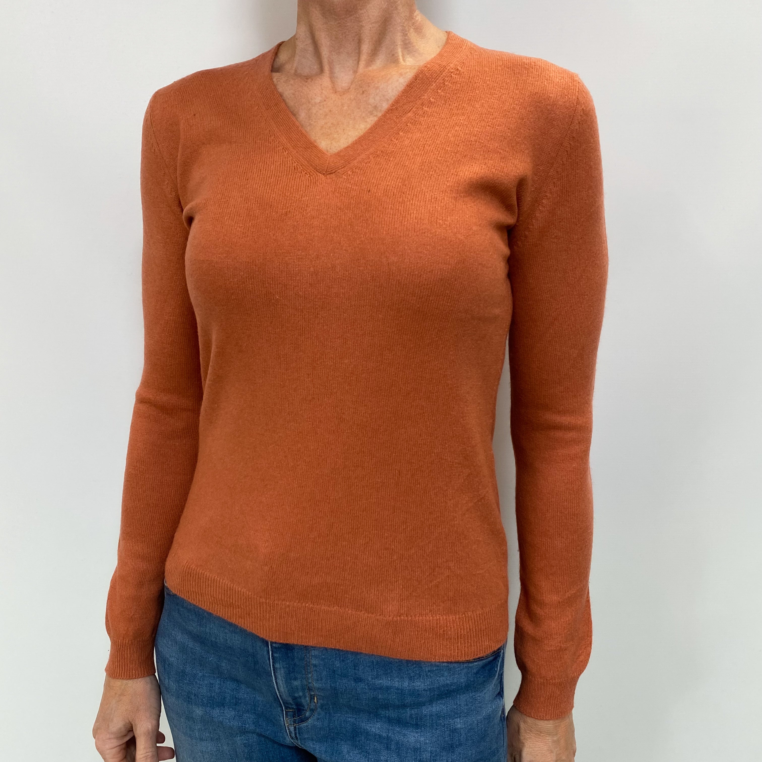 Terracotta Orange Cashmere V Neck Jumper Small