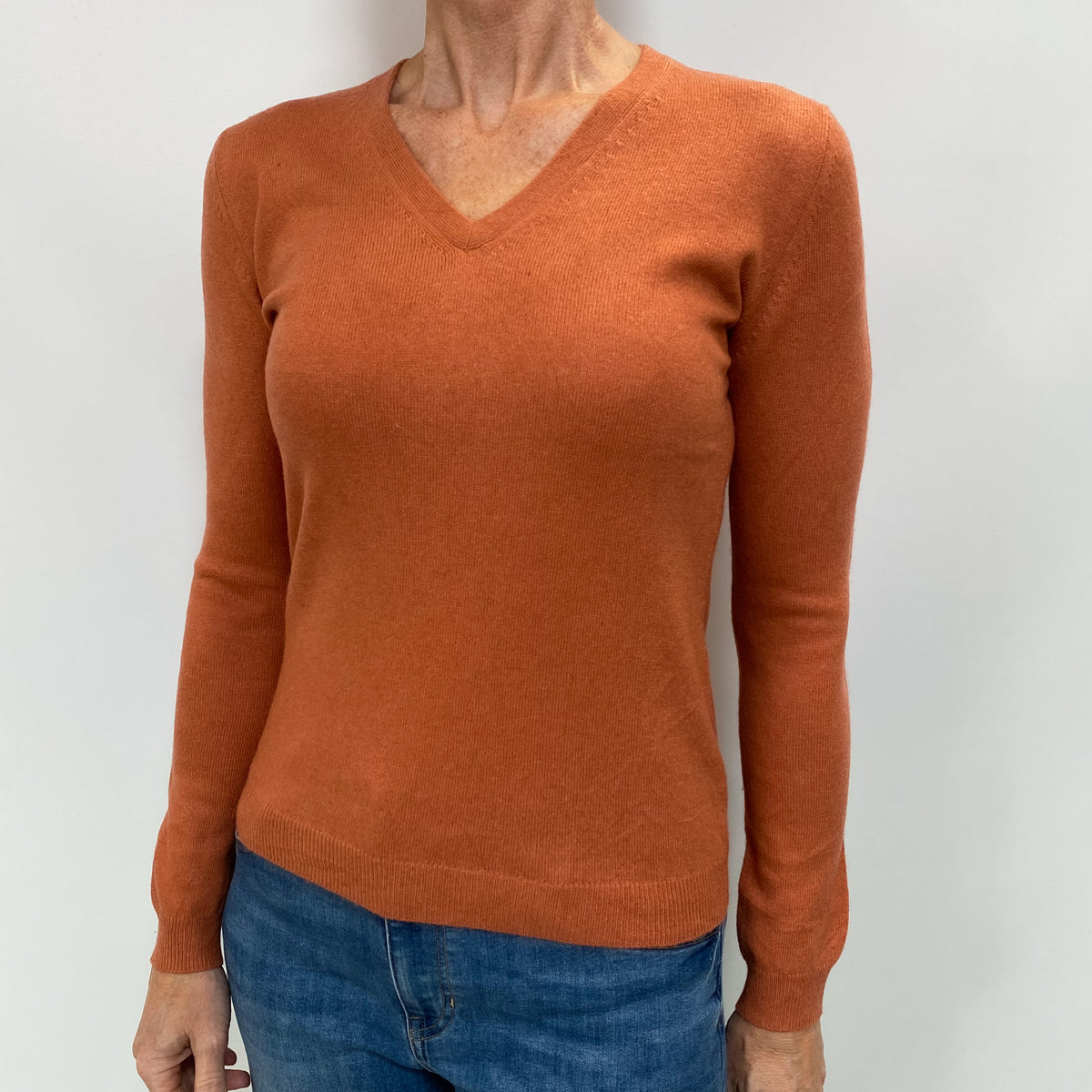 Terracotta Orange Cashmere V Neck Jumper Small