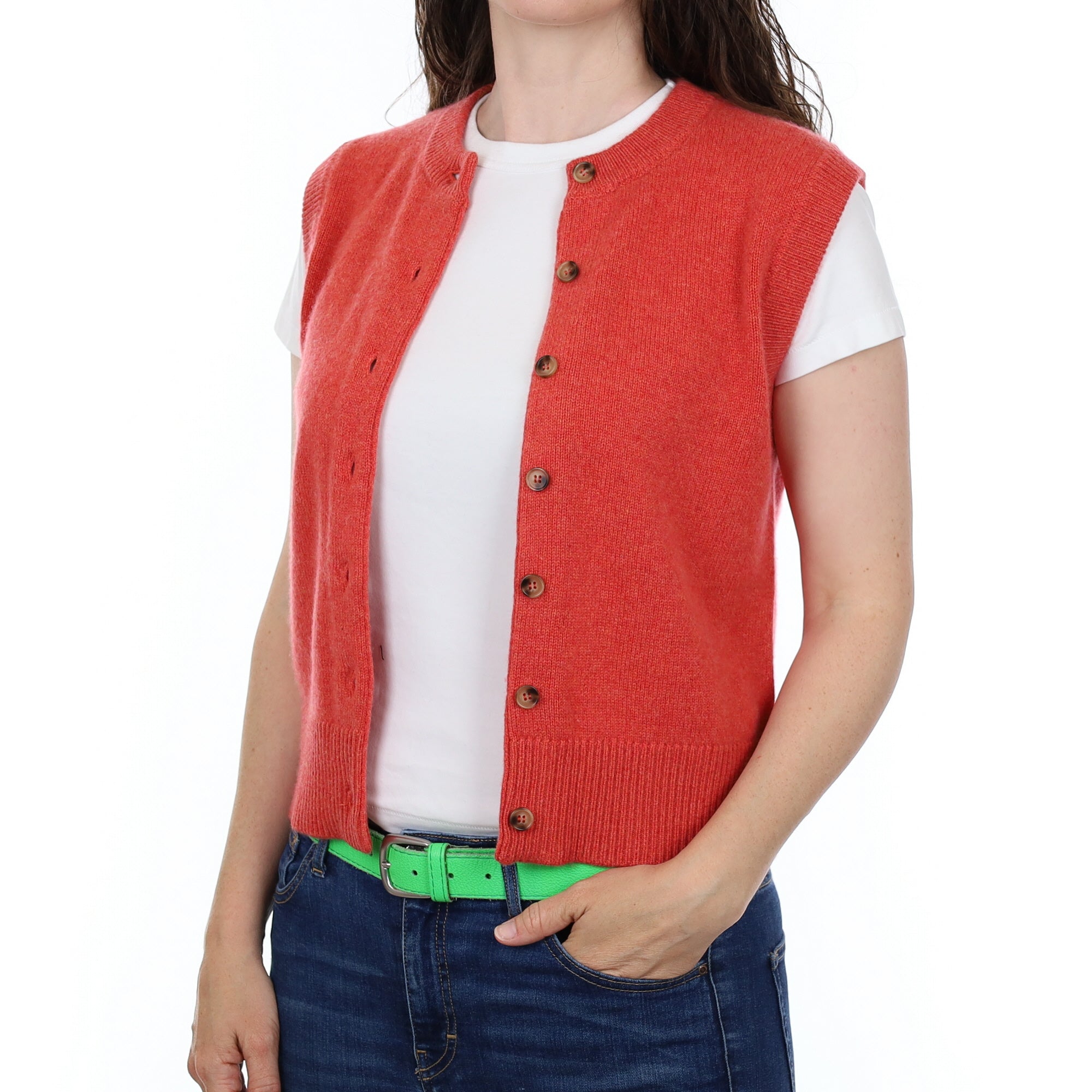 Brand New Watermelon Orange Luxury Cashmere Crew Neck Waistcoat Small UK 8-10