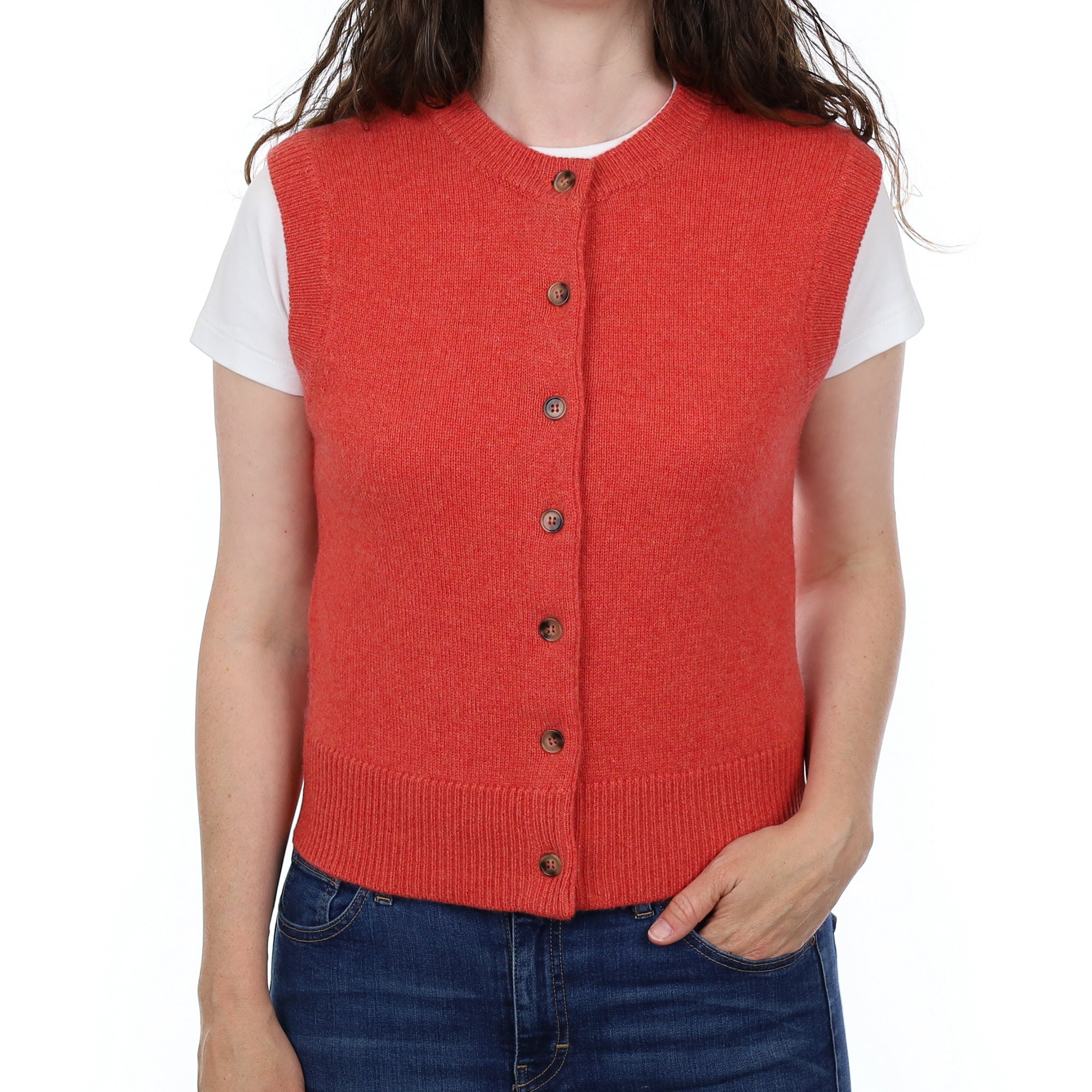 Brand New Watermelon Orange Luxury Cashmere Crew Neck Waistcoat Small UK 8-10