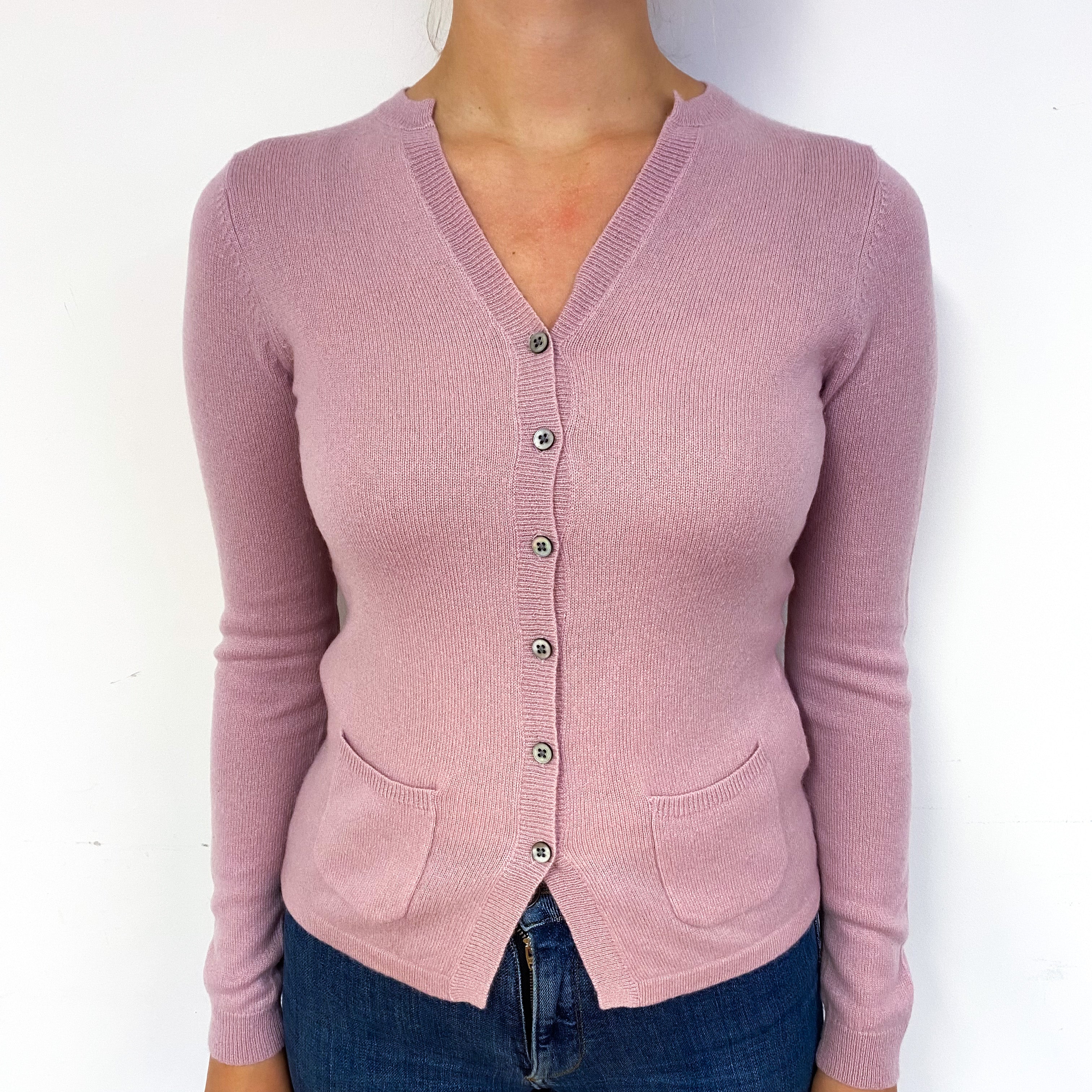 Mauve Pink Cashmere V-Neck Cardigan with Pockets Small